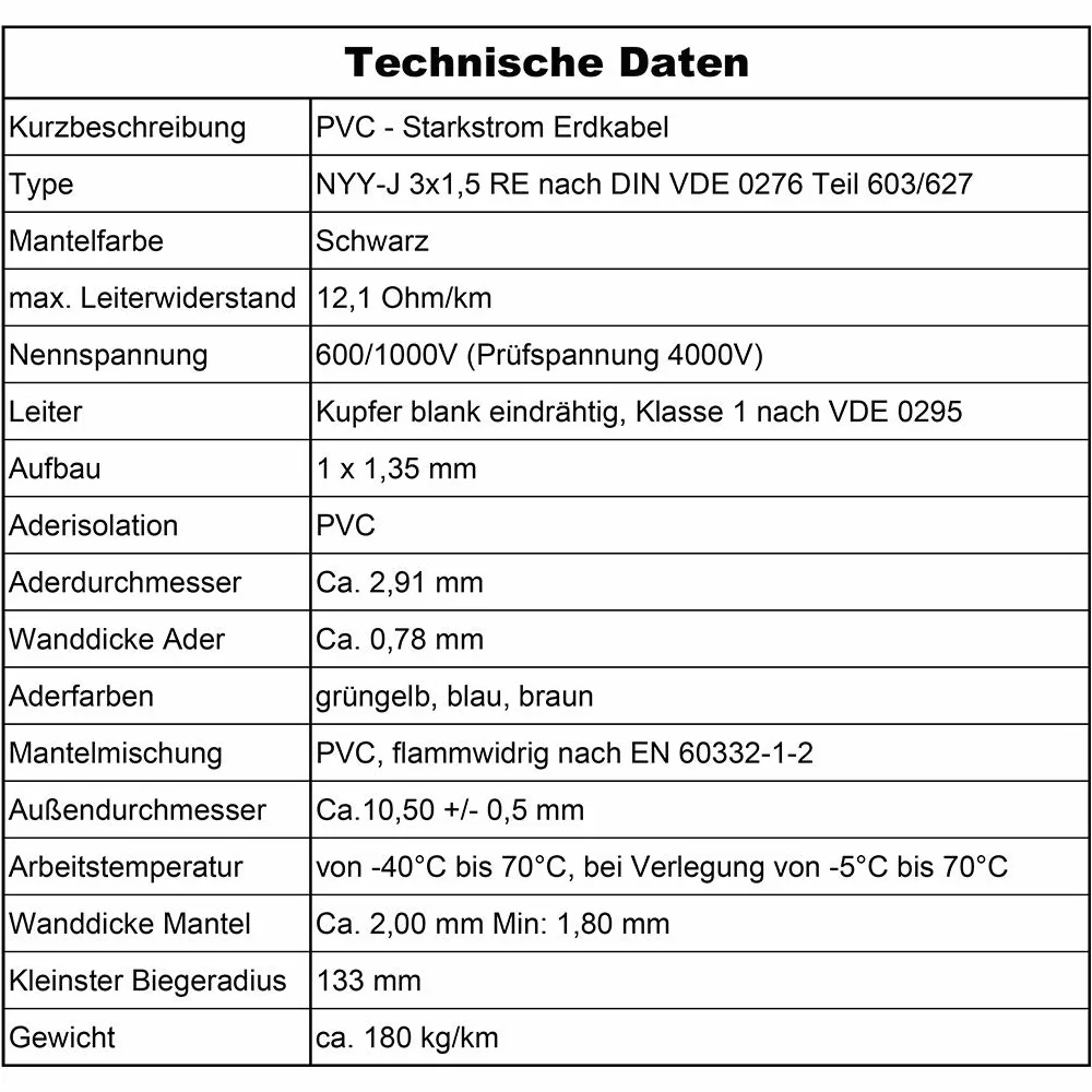 Kabel ziemny, kabel zasilający od 5 m do 170 m NYY-J 3 x 1,5 mm², kabel elektryczny zwój, do układania na wolnym powietrzu, w ziemi (130 m)