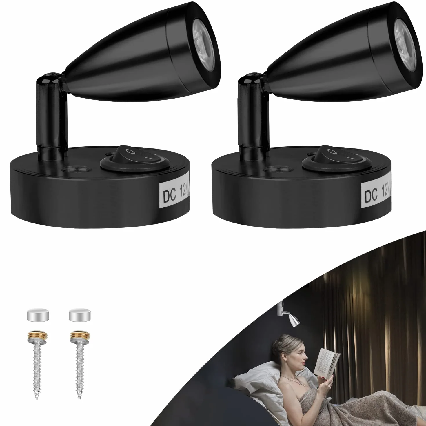 CPROSP 12 V LED punktowa lampka do czytania wewnętrzna, światło LED, regulowany przełącznik, naturalna biel, 220 lm, 60 x 96 mm, czarna, 3000-3500 K