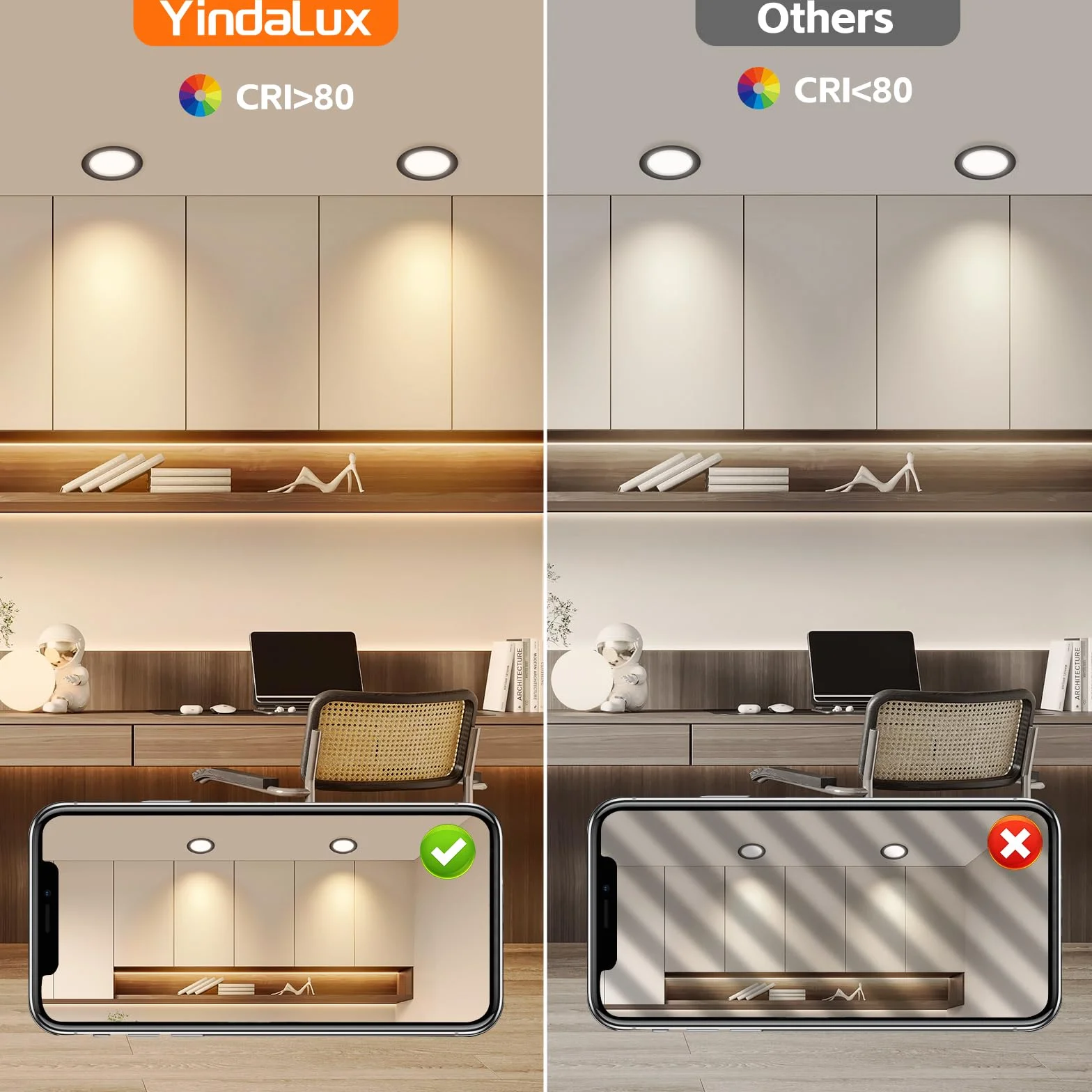 YindaLux Zestaw 6 reflektorów LED do zabudowy, 230 V, 3 W, 3000 K, ciepła biel, reflektor LED, ultra płaski, 300 lm, otwór 55-58 mm i 15 mm, płaski, IP44 lampa do zabudowy meblowej LED do szafki z