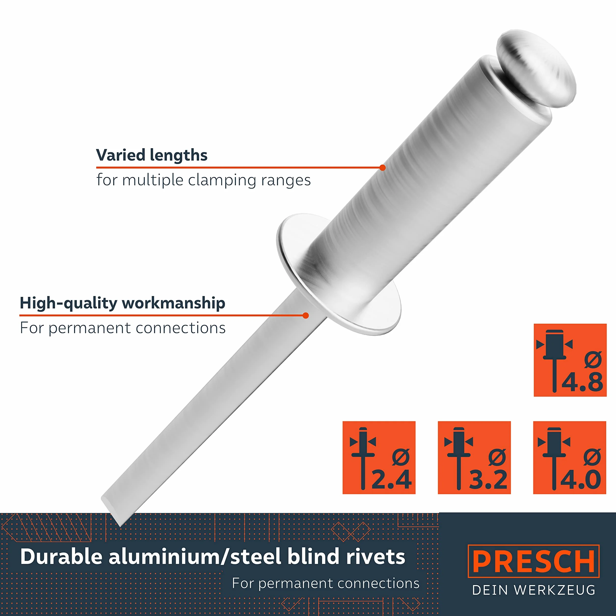 Presch Nity zrywalne w asortymencie 408 szt. z 8 wiertłami HSS - 400 nitów aluminiowych/stalowych 2,4, 3,2, 4,0 i 4,8 mm oraz 8 pasujących wierteł HSS 2,5, 3,3, 4,2 i 4,9 mm