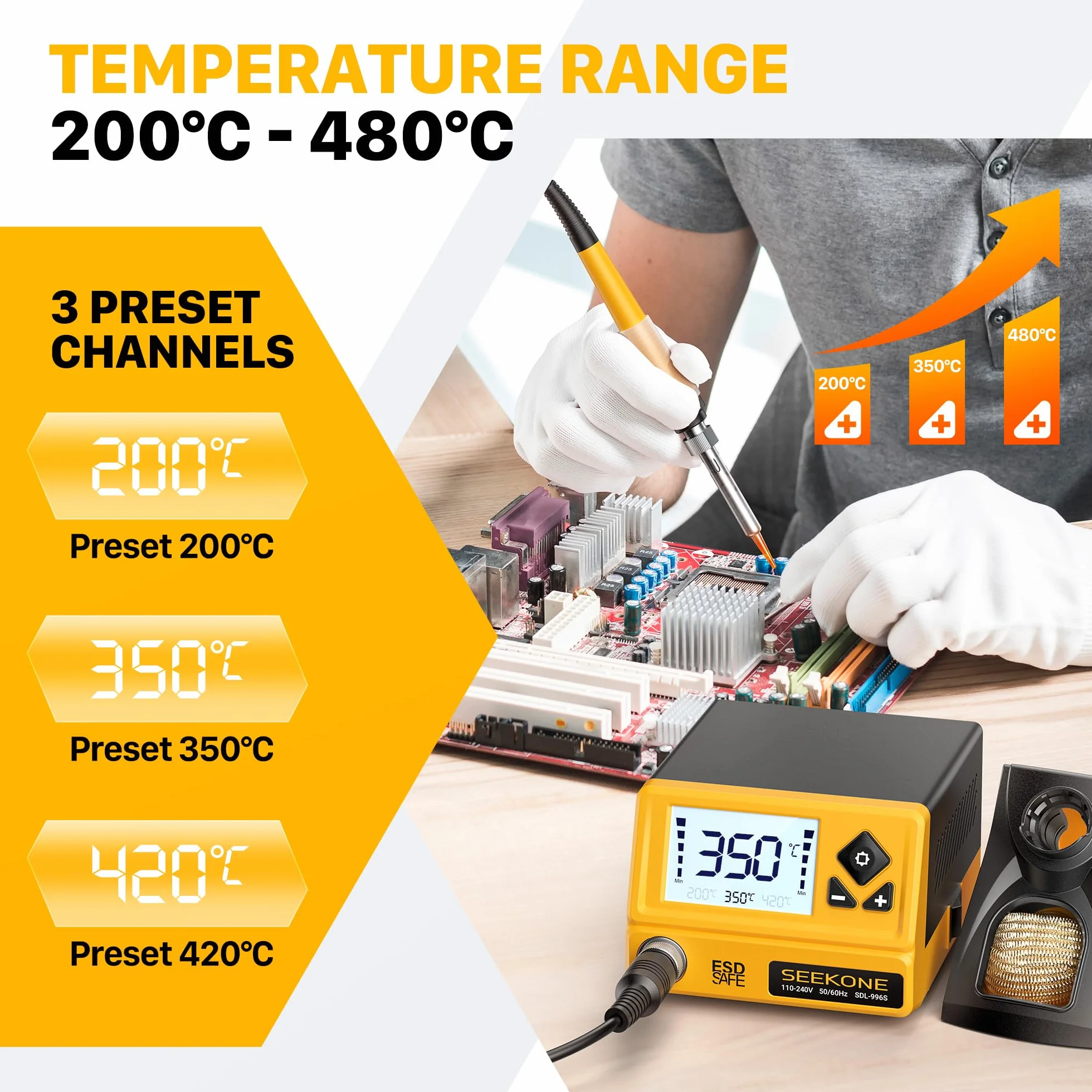SEEKONE Stacja lutownicza 60 W, profesjonalna lutownica, regulowana temperatura 200℃-480℃ z wyświetlaczem LCD, cyfrowa stacja lutownicza z 5 grotami lutowniczymi, konwersja °C/°F, funkcja czuwania