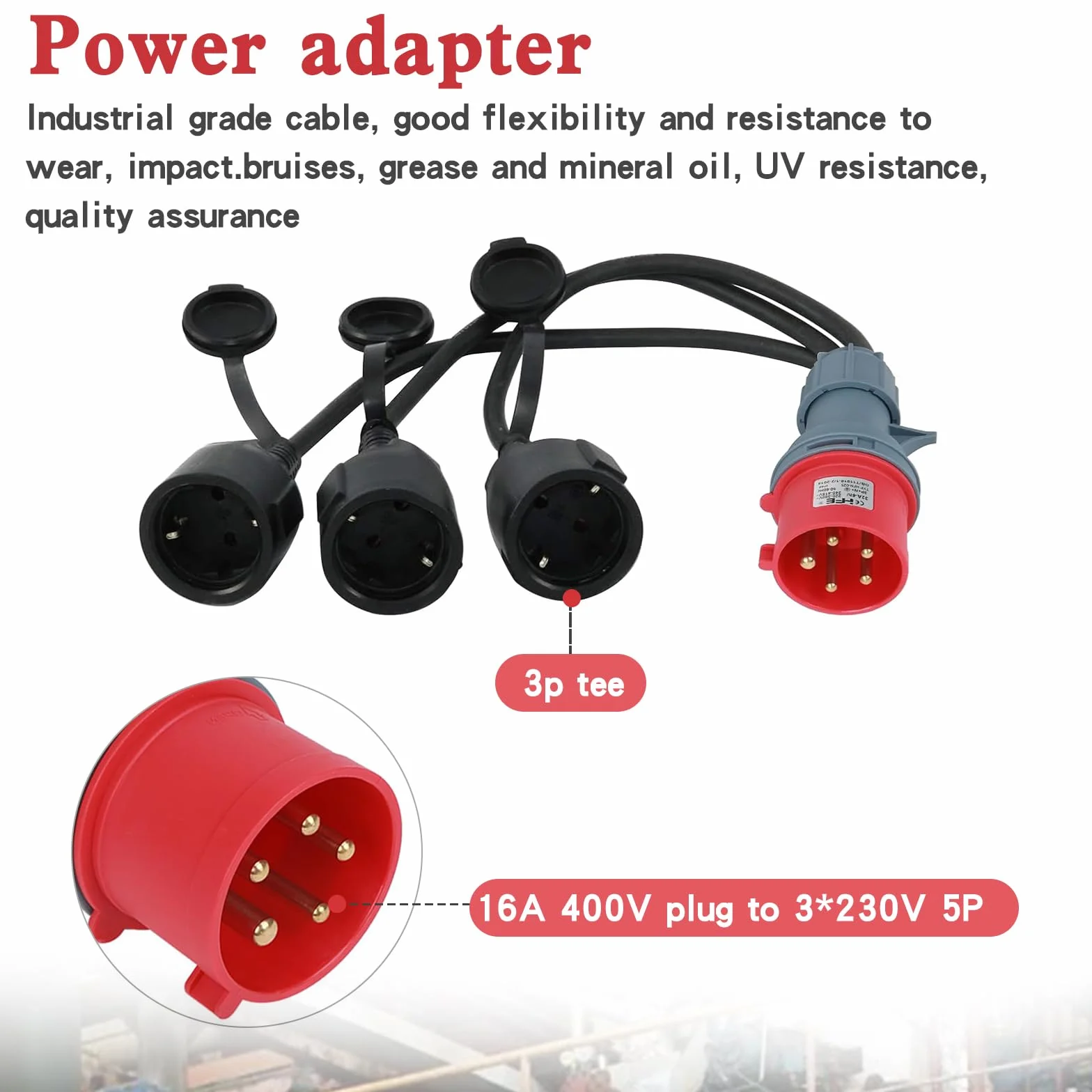 CEE Adapter rozdzielacz prądu 400 V, 16 A, wtyczka na 3 x 230 V, kabel przedłużający z wtyczką ze stykiem ochronnym i pokrywą na zawiasach, przewód adaptera CEE do zastosowań przemysłowych, przyczep