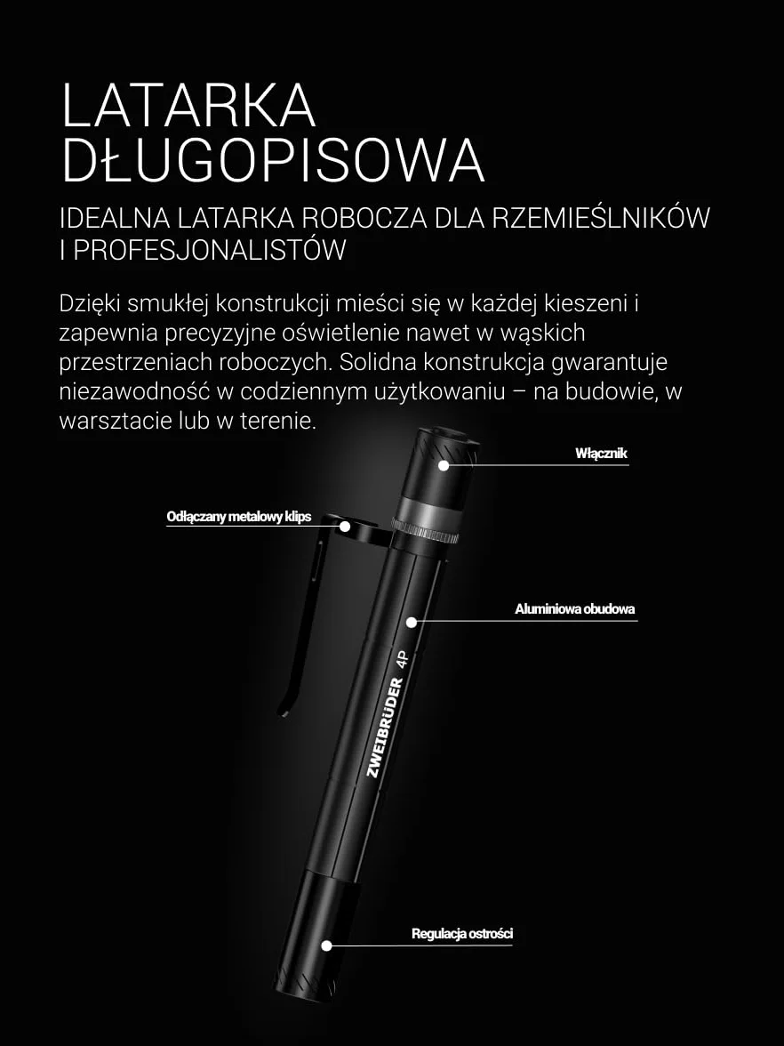 Zweibrüder ZB4P lampa długopisowa, latarka 400 lumenów – kompaktowa mini latarka LED z regulacją ostrości, Dual Functional Optic, ładowana przez USB-C, idealna na co dzień i outdoor