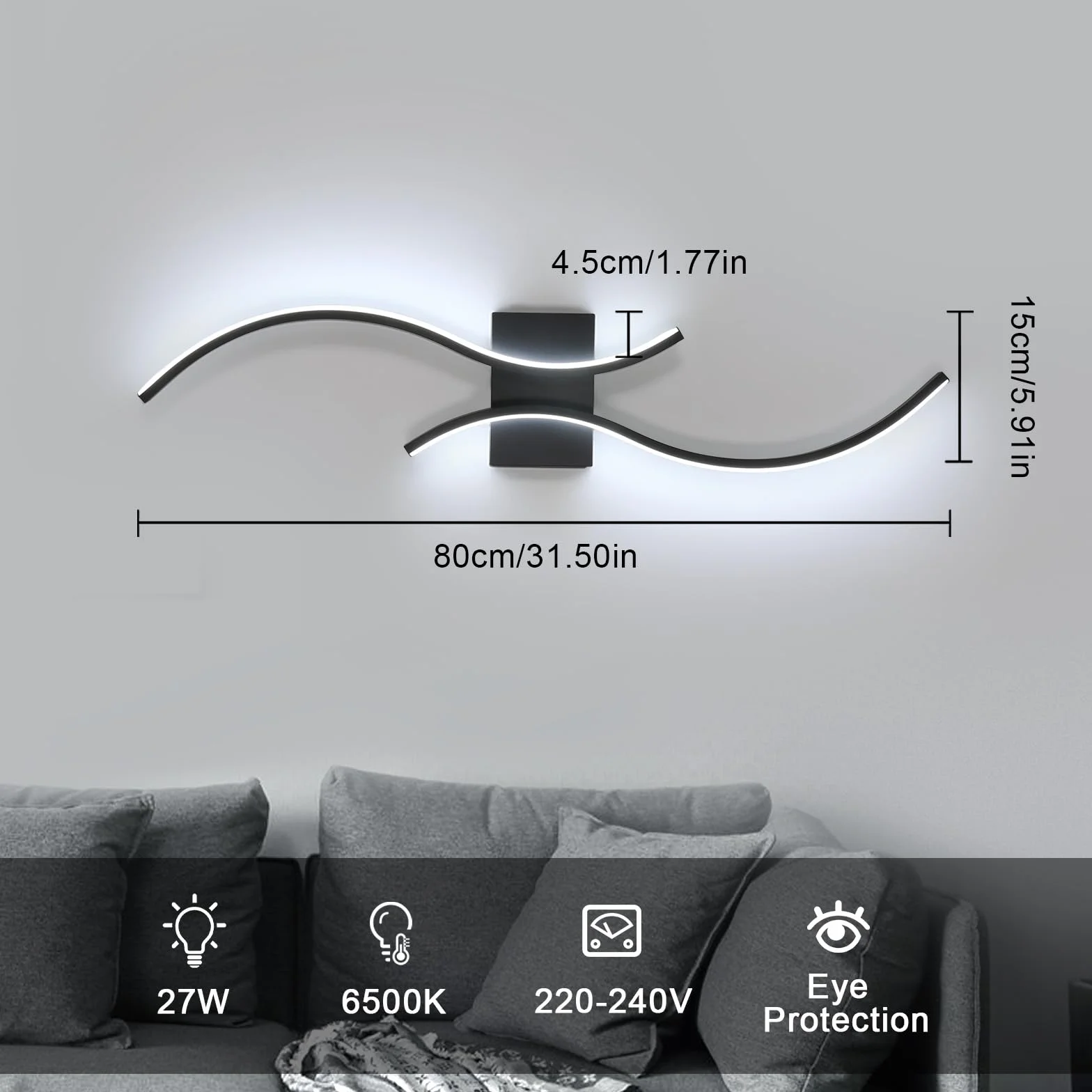 Comely Wewnętrzny Kinkiet LED 27W Nowoczesna Lampa Ścienna - 80 CM Czarny Zakrzywiony Wzór Oświetlenie Ścienne Do Korytarza Salonu Sypialni Schodów Kuchni, 6500K Zimne Światło