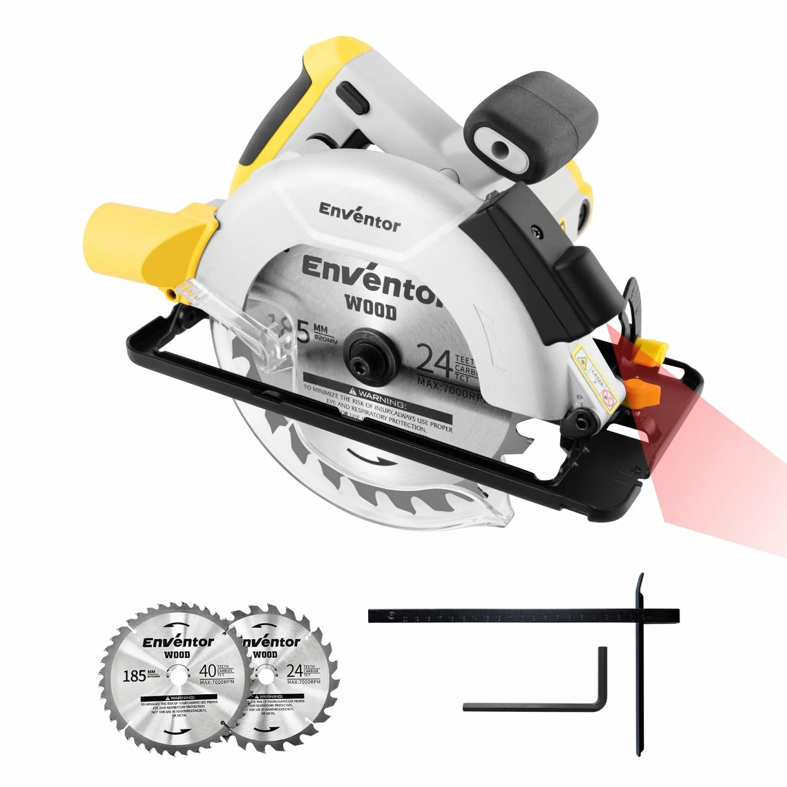 ENVENTOR ręczna pilarka tarczowa 1200 W, z 2 x brzeszczotami tarczowymi, (średnica brzeszczotu: 185 mm, 24T + 40T), 5800 obr./min, z prowadnicą laserową i prowadnicą Rip Guide, do drewna, miękkiego