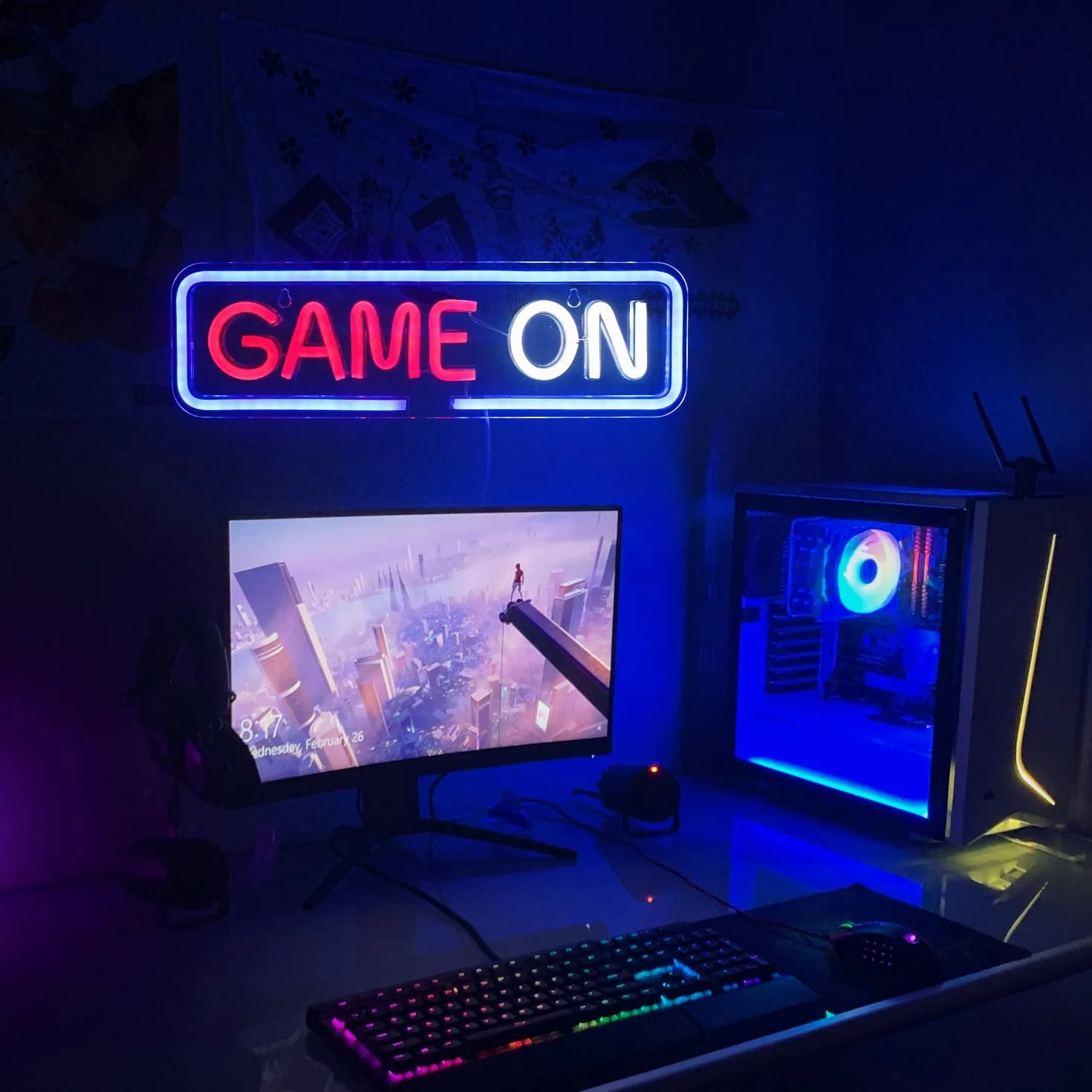 Game On Neon Dekoracja ścienna Gra Led Neon Light USB Akrylowe oświetlenie dekoracyjne do pokoju zabaw, sypialni, domu, baru, gry, konkursu, klubu, na imprezę, prezent urodzinowy (niebieski czerwony)