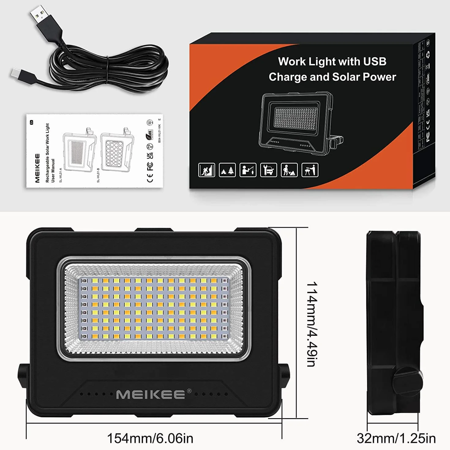 MEIKEE Reflektor budowlany LED 80W, lampa robocza LED 12000mAh, reflektor akumulatorowy, 4 tryby świecenia, lampa kempingowa, przenośna, 5 poziomów jasności, ładowanie solarne i USB, lampa