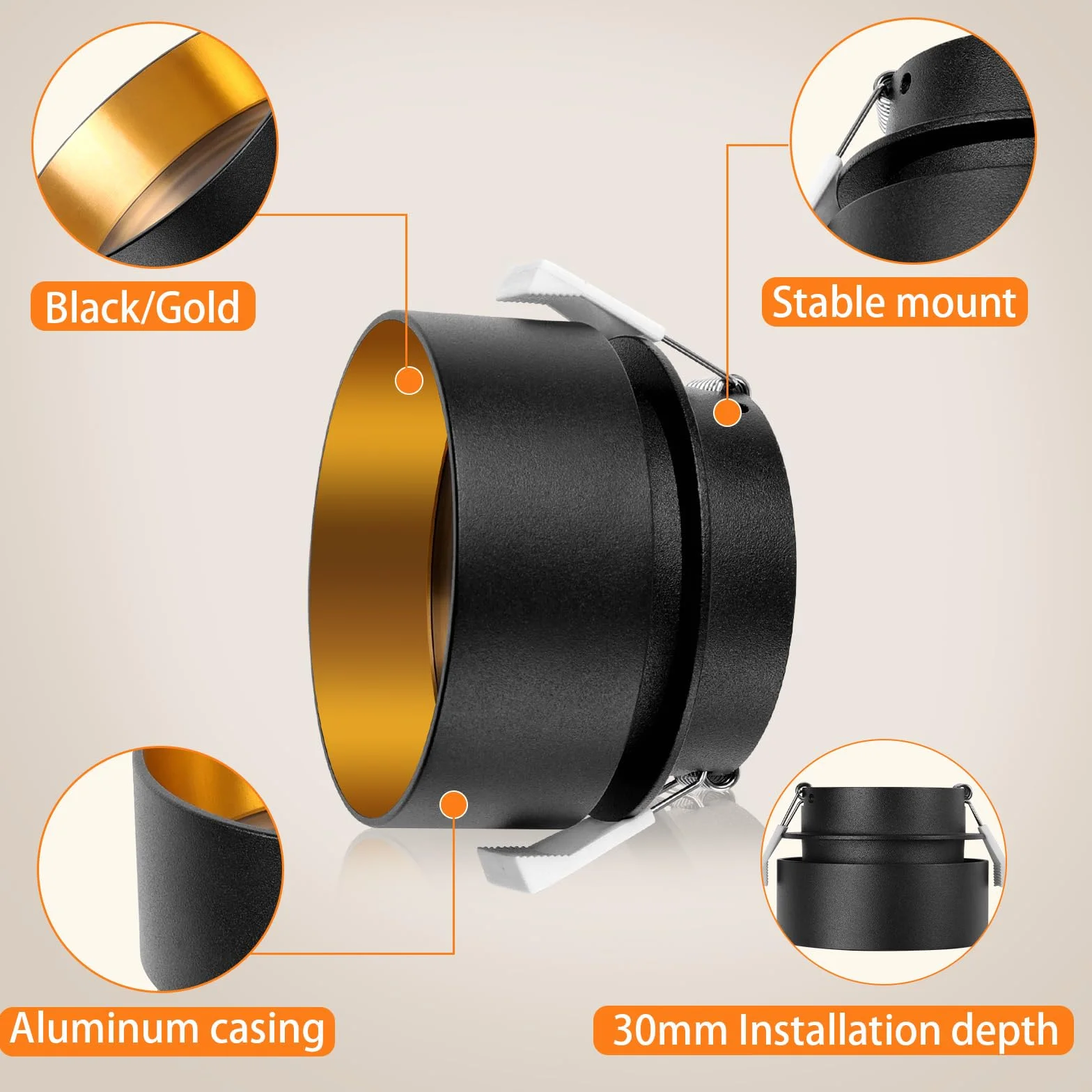 KYOTECH Oświetlenie sufitowe LED, zestaw 4 czarno-złotych wpuszczanych diod LED, możliwość ściemniania, 3000 K-6500K, ciepła biel 500 lm, otwór 65-68 mm, do kuchni, sypialni, salonu