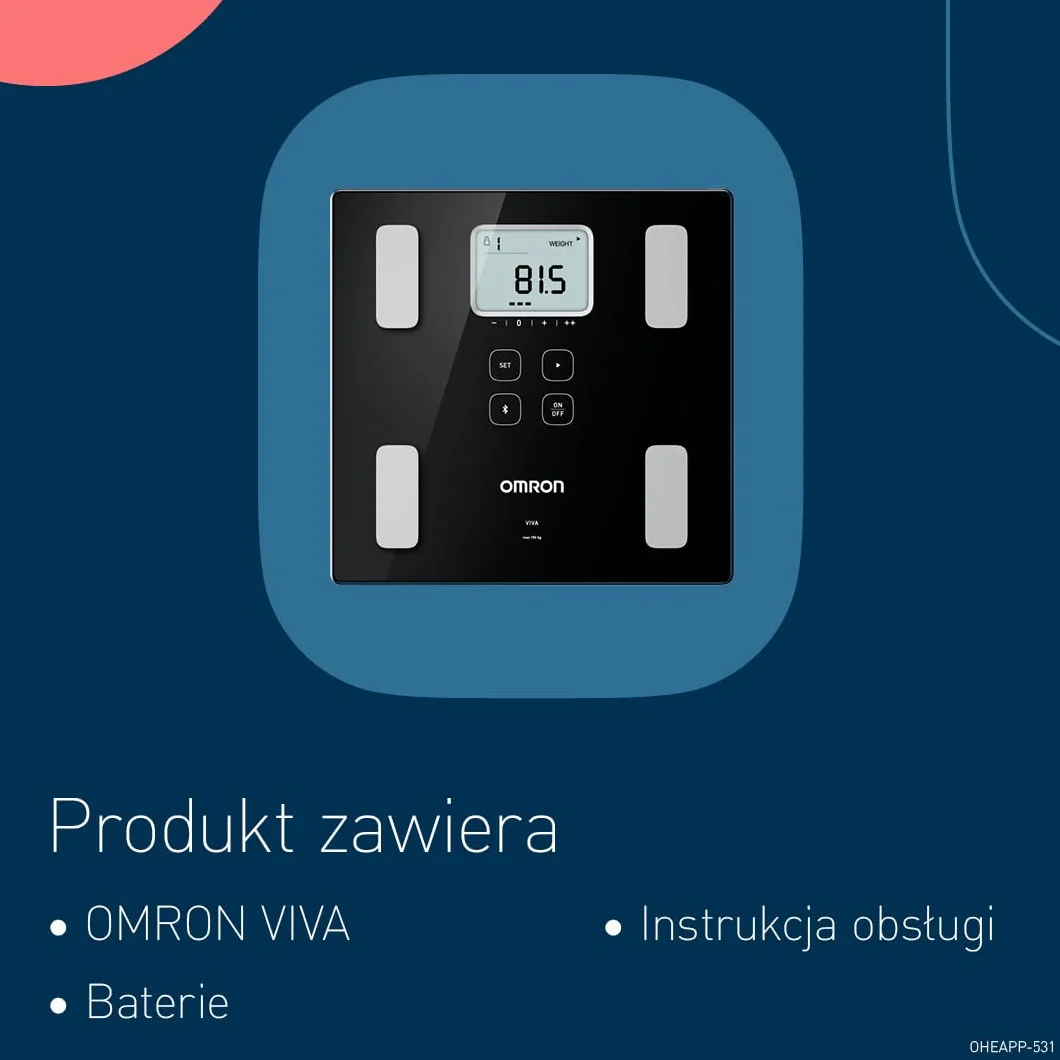 Waga OMRON VIVA Bluetooth Smart i monitor składu ciała z pomiarem tkanki tłuszczowej, masy ciała, zawartości tłuszczu trzewnego, masy mięśni szkieletowych, metabolizmu spoczynkowego i BMI