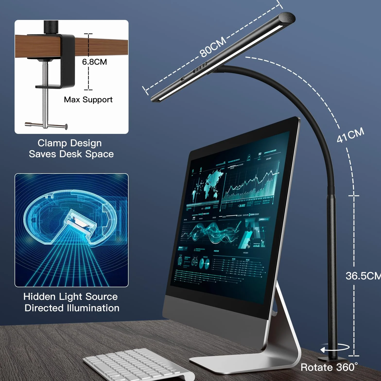 EYOCEAN Lampa biurkowa LED ze sterowaniem gestami i pilotem, 24 W, 80 cm, zaciskowa, ściemniana, światło dzienne, dla pracowników w biurze, czytających, architektów, krawców