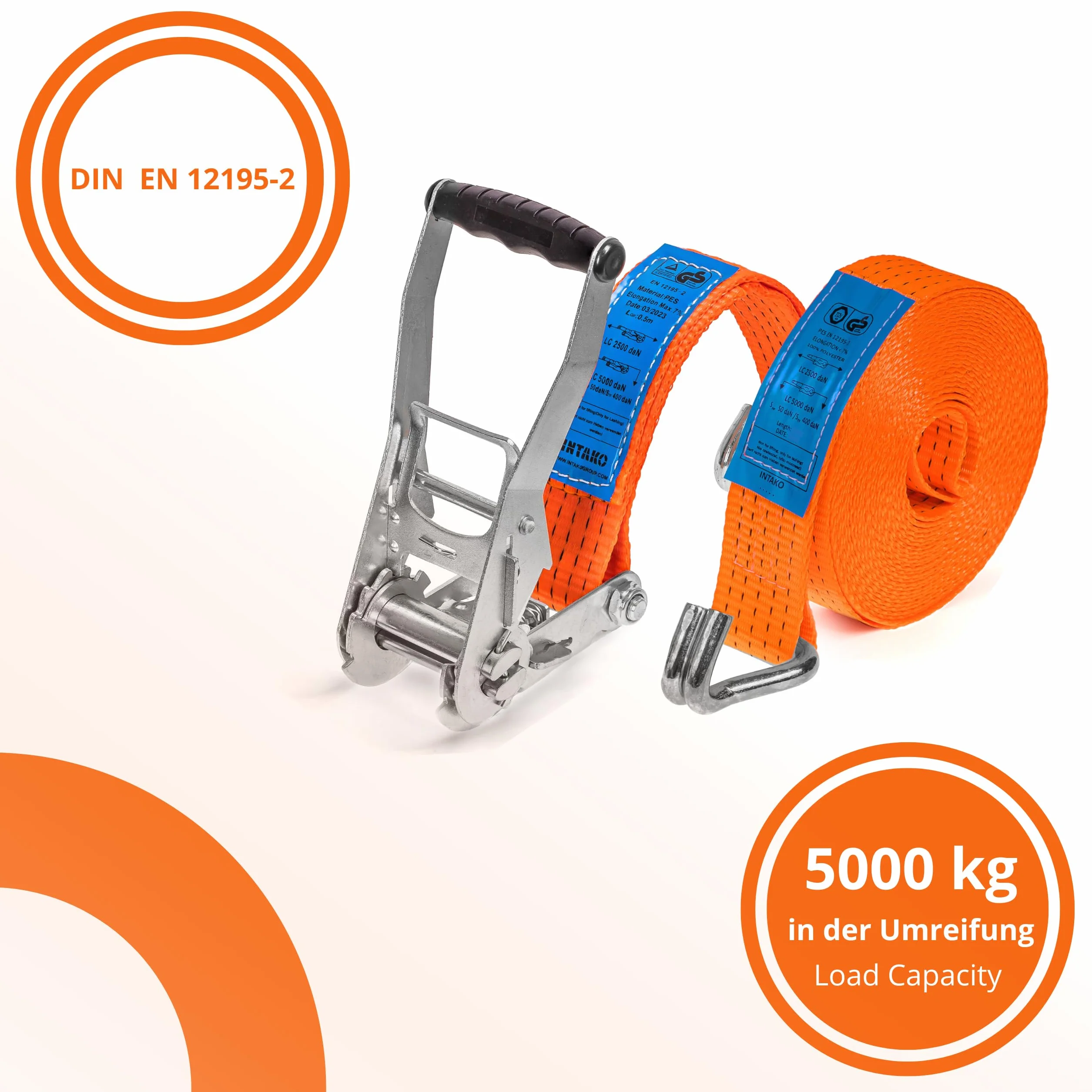 INTAKO Pas Transportowy z Napinaczem 8M x 5000KG x 50MM - Zestaw 4 Pasów + 4 Narożniki - Pasy Mocujące z Grzechotką do Ładunku TIR-a - Zgodne z normą DIN EN 12195-2