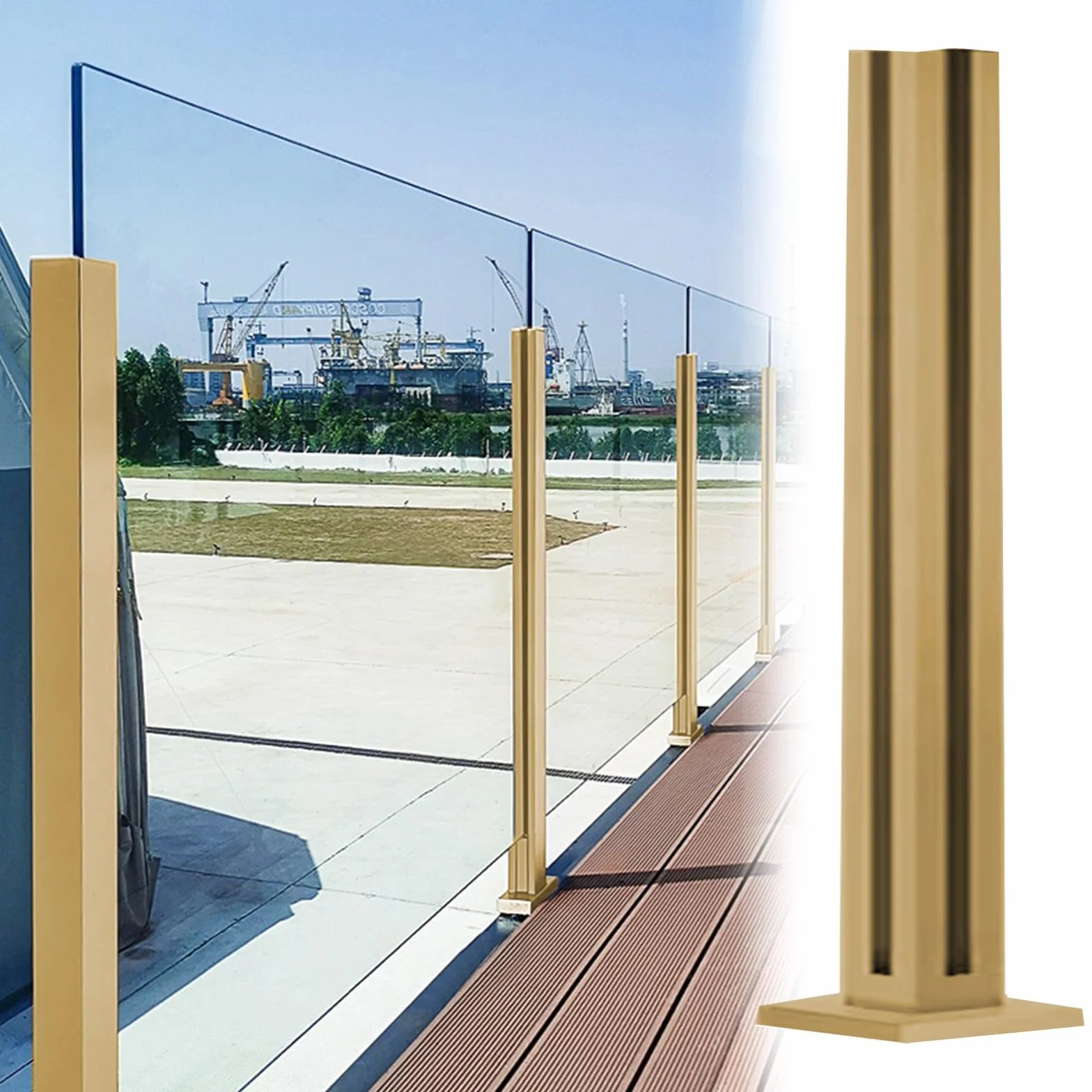 Złoty słupek balustradowy balkonowy do szklanych paneli 100/99.8 cm wspornik do ogrodzenia z metalu szczelinowego/drewna/szkła hartowanego, idealny do trwałego podparcia narożników o grubości 8-12 mm.