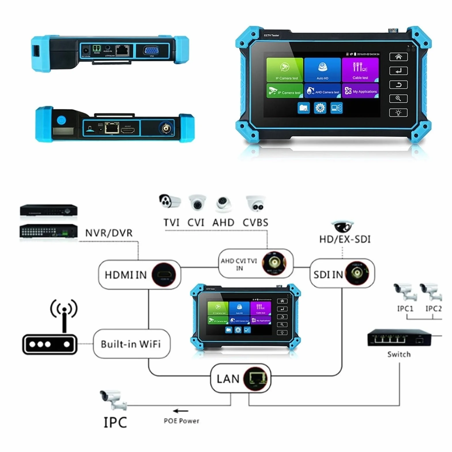 Tester CCTV, IPC-5200C Tester CCTV Plus 5,4-calowy | Z ekran dotykowy IPS 8MP IP CVI TVI AHD analogowy 5 w 1 VGA i wejście 4K HD Tester kamery IP do testowania kamer CCTV i IP.