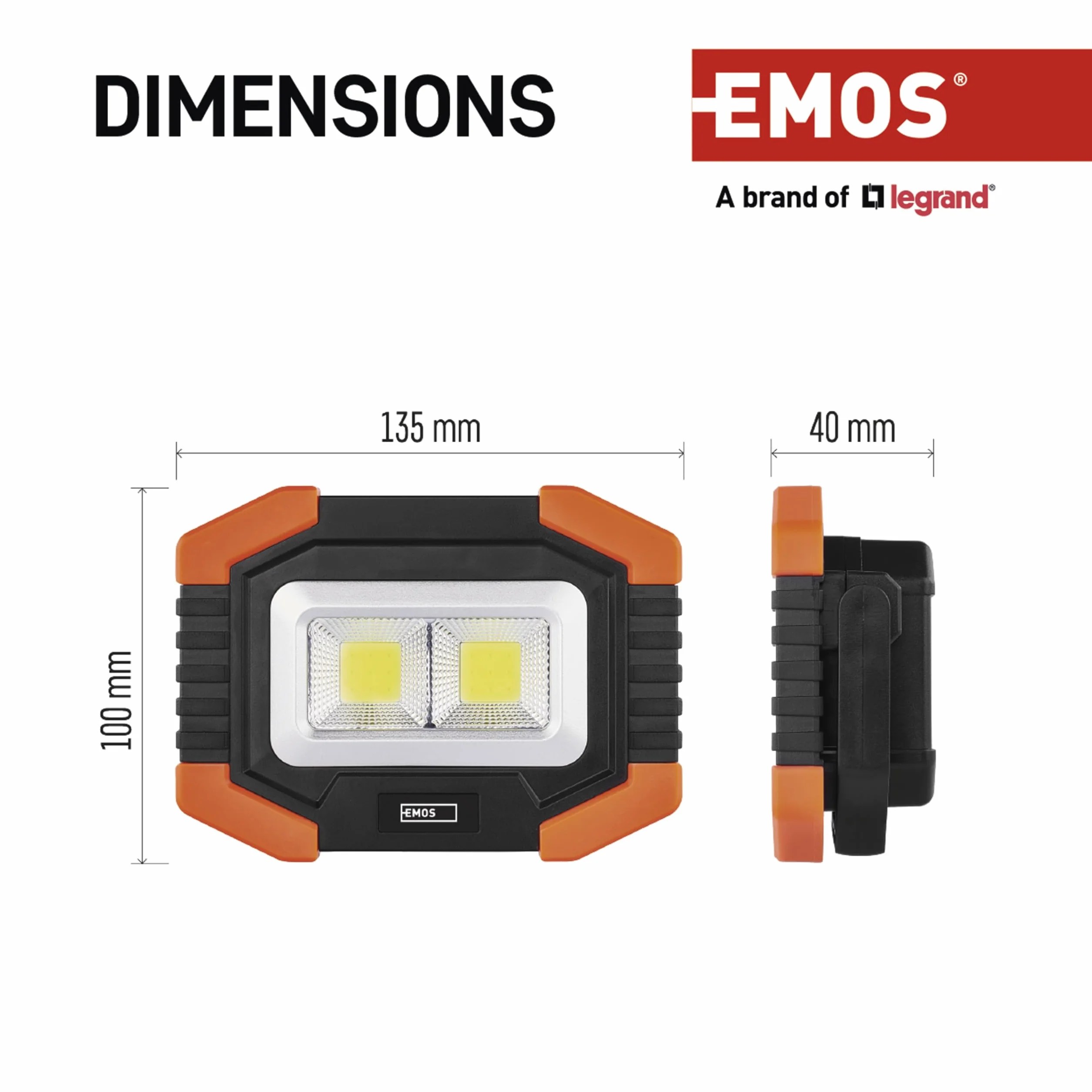 EMOS Lampa robocza LED, mały, przenośny reflektor roboczy, jasność 350 lm, zasięg świecenia 110 m, 2 tryby świecenia, zasilanie bateryjne, czas świecenia do 20 godzin, obrotowy uchwyt