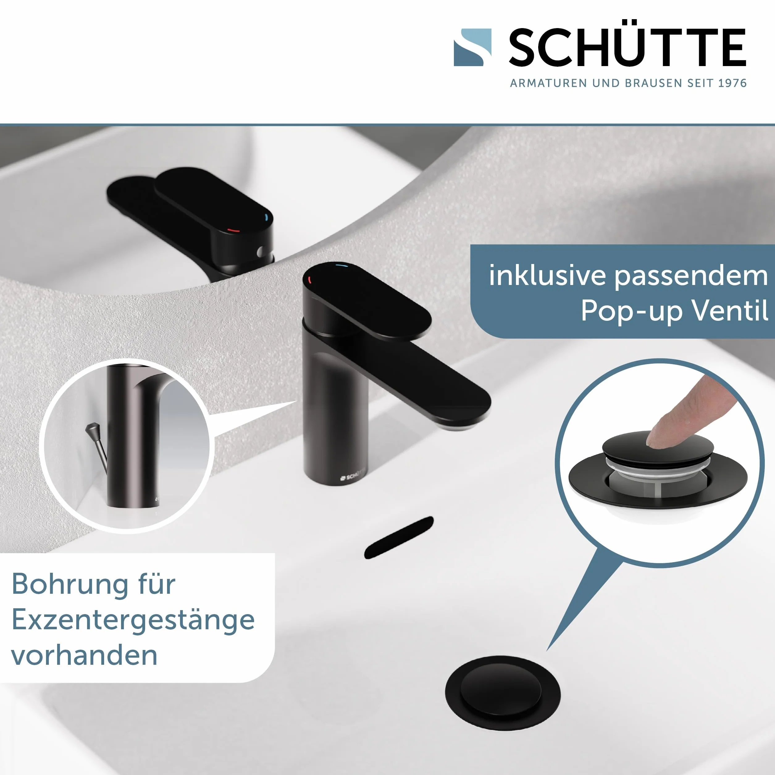 SCHÜTTE MONTANA 32316 bateria umywalkowa łazienkowa z zestawem odpływowym, jednouchwytowa bateria łazienkowa z korkiem odpływowym, bateria mieszakowa, umywalka, czarna