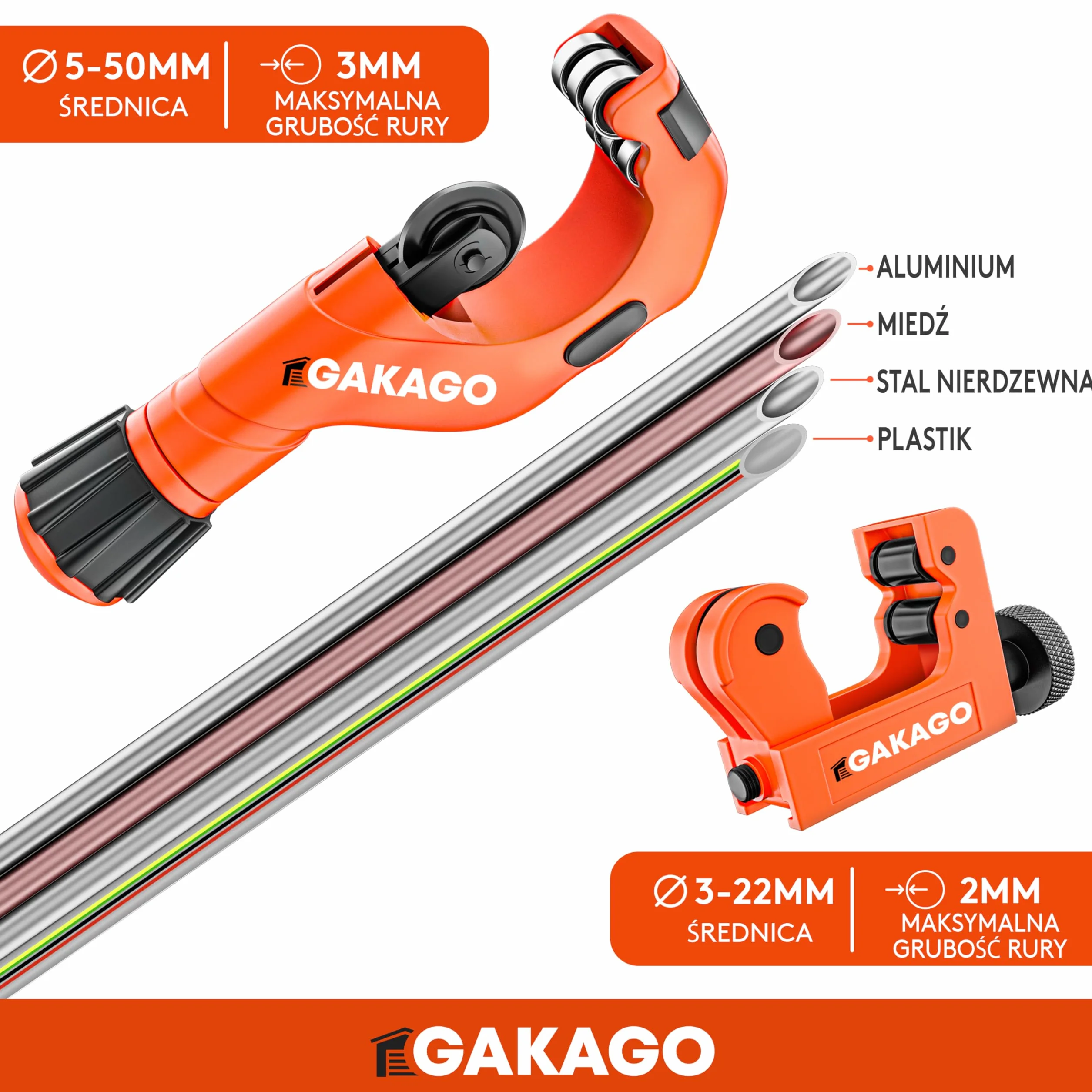 Gakago Zestaw obcinaków do rur 3-50 mm z gratownikiem - Wszechstronny obcinak do rur ze wszystkich popularnych metali, takich jak stal nierdzewna, miedź, aluminium, stal lub tworzywa sztuczne