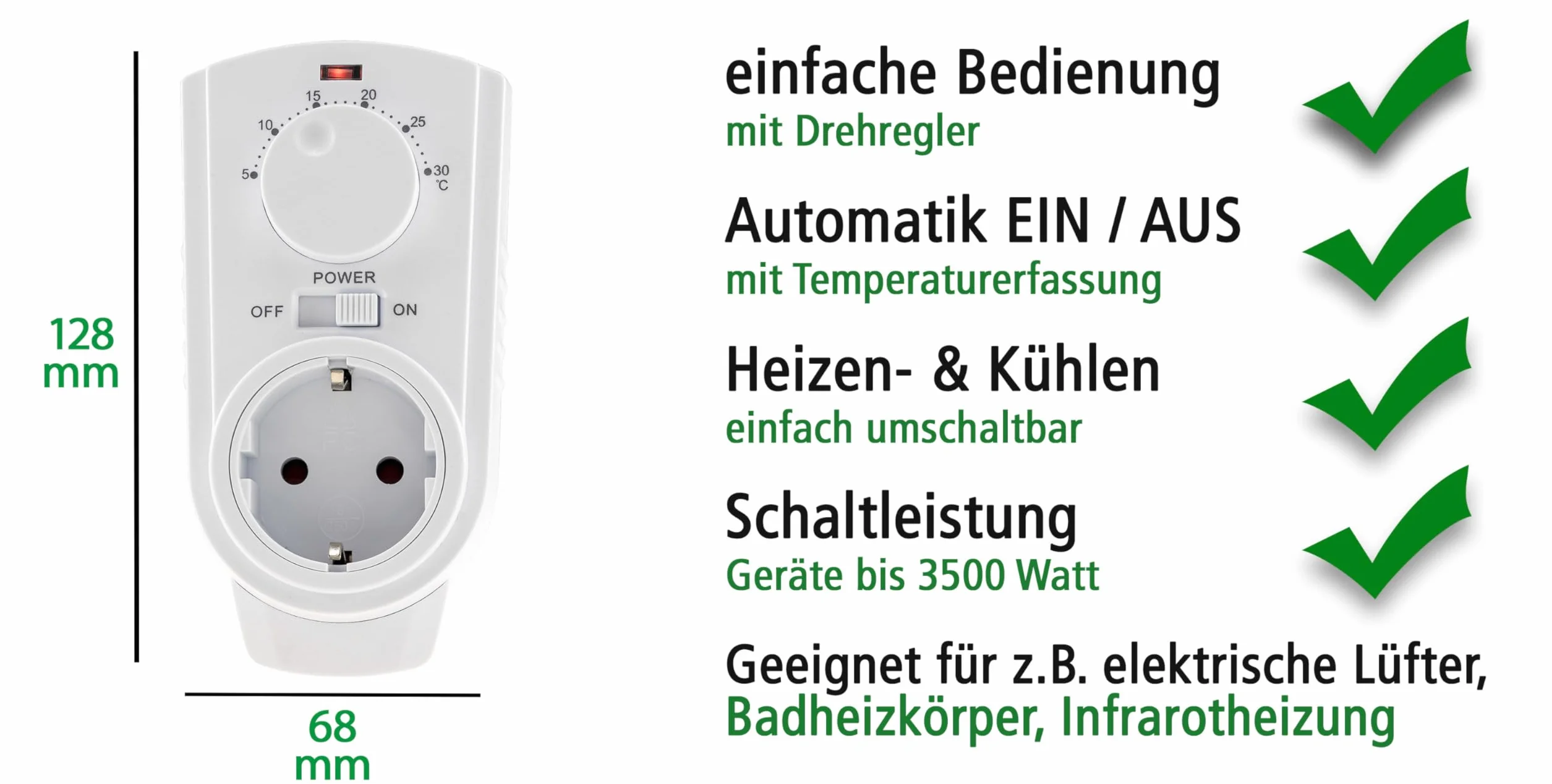 Termostat z gniazdkiem elektrycznym, analogowy, z pokr?t?em, gniazdko z czujnikiem temperatury, 3500 W, regulator temperatury do urz?dze? grzewczych i ch?odniczych, termowentylator, ogrzewanie na podczerwie?