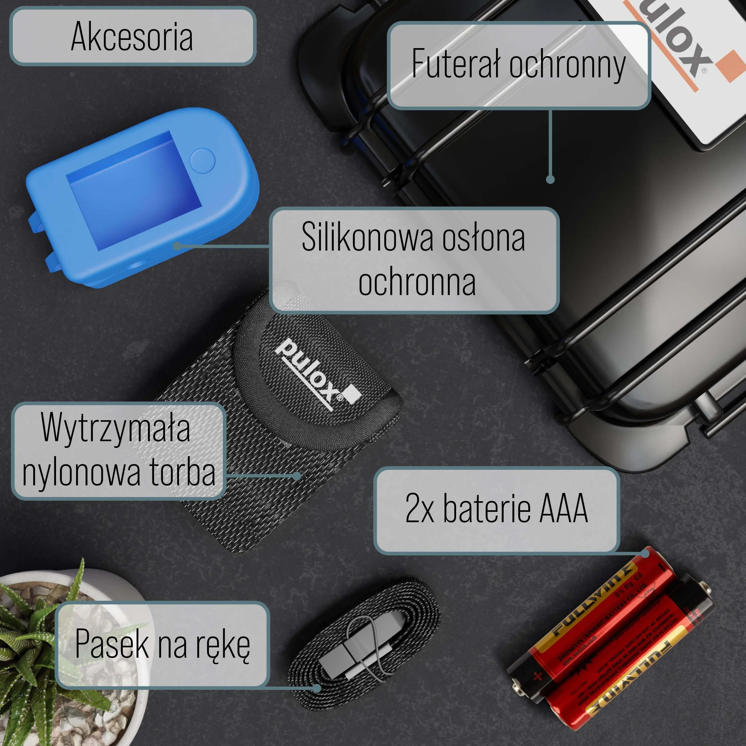 PuloX PO-200 Pulsoksymetr z Zestawem Akcesorii, Niebieski/Biały