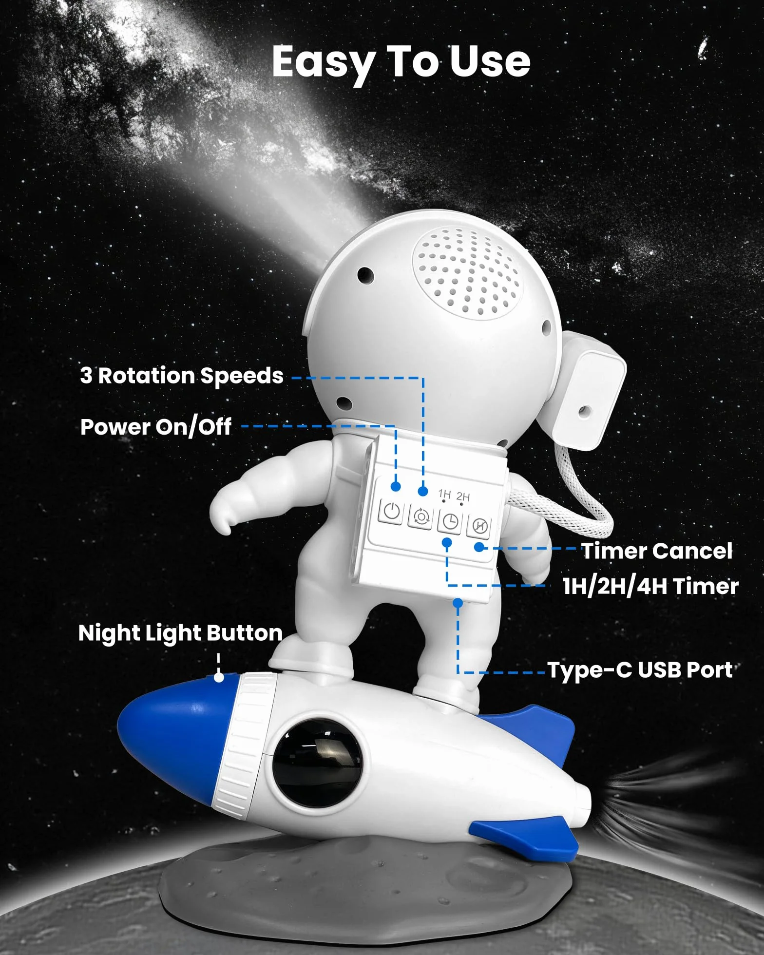 MERTTURM HD Projektor Planetarium Astronautów, Projektor Galaktyki do Sypialni, Wymienne HD Dyski 13 Filmów i Regulowany Obiektyw, Lampka Nocna Rakieta, Zegarowa Lampa Sufitowa