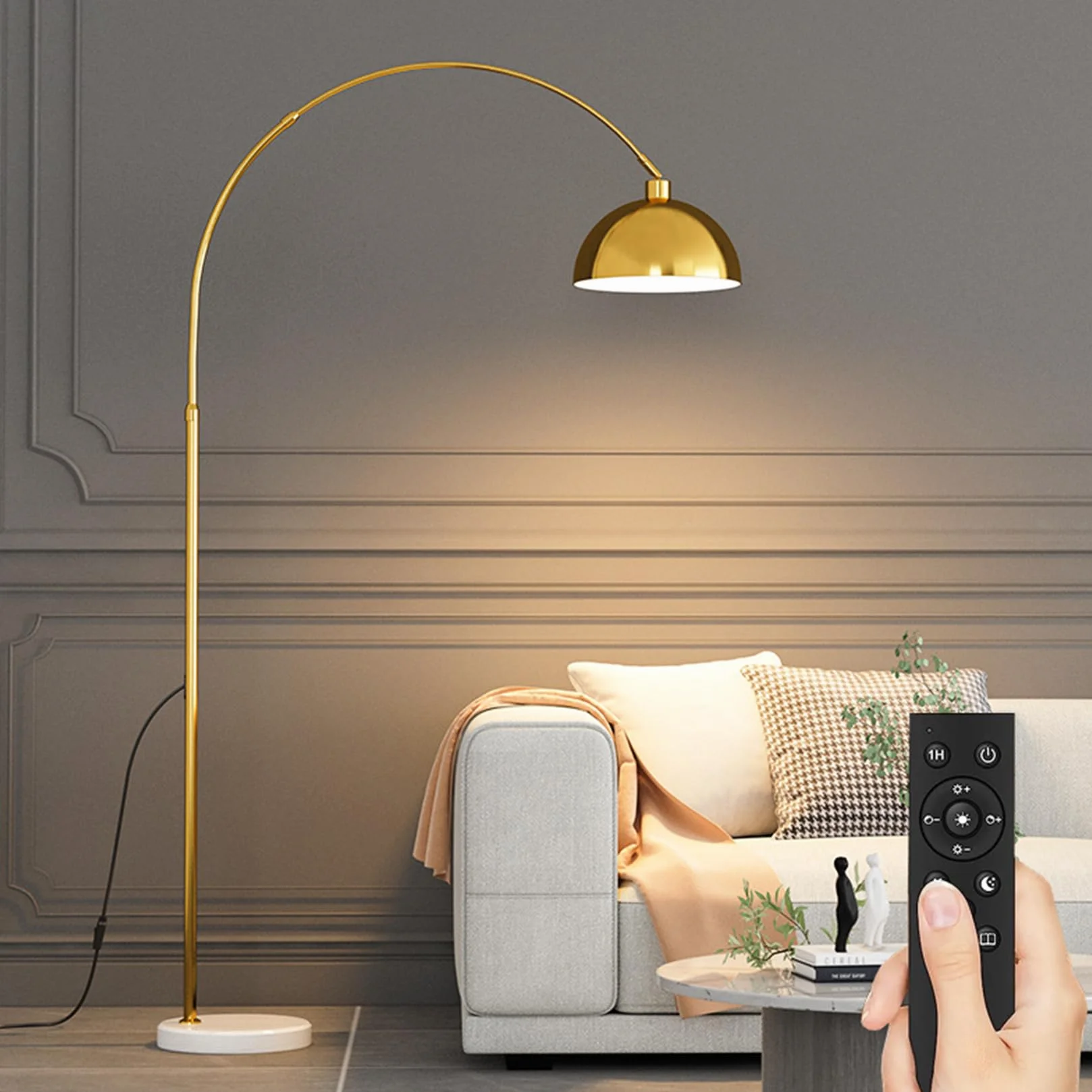 Lampy podłogowe lampa łukowa do salonu z pilotem zdalnego sterowania, 178 cm, lampa stojąca z żarówką, bezstopniowa ściemniana lampa do czytania do sypialni, złota