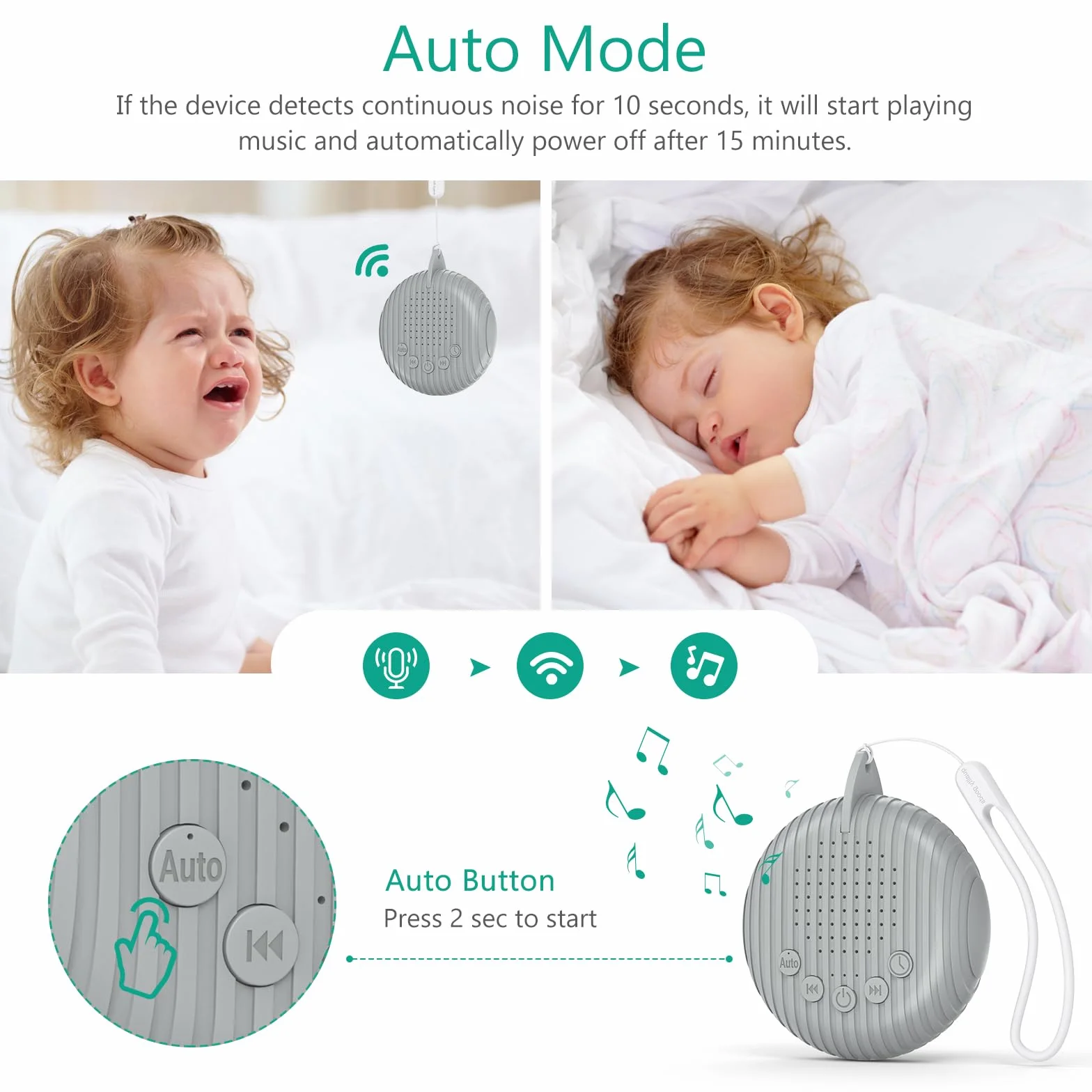 ORIA White Noise Machine urządzenie wspomagające zasypianie dziecka, biały szum, 10 naturalnych dźwięków, 3 ustawienia timera, funkcja pamięci, możliwość ładowania przez USB, pomoc w zasypianiu, kolor