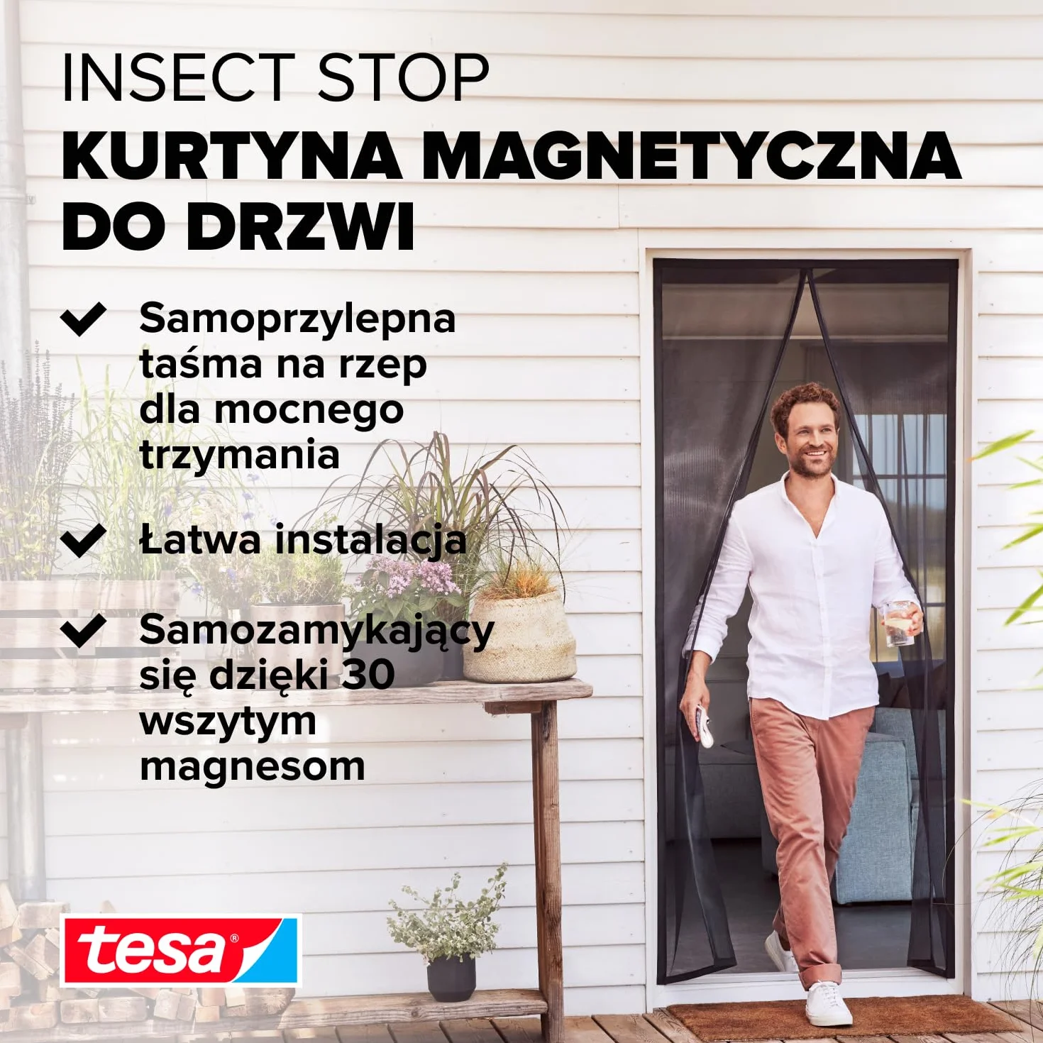 tesa INSECT STOP Magnetic Curtain - samoczynnie zamykająca się zasłona z magnesami na drzwi balkonowe, łatwy montaż bez wiercenia - 220 x 100 cm