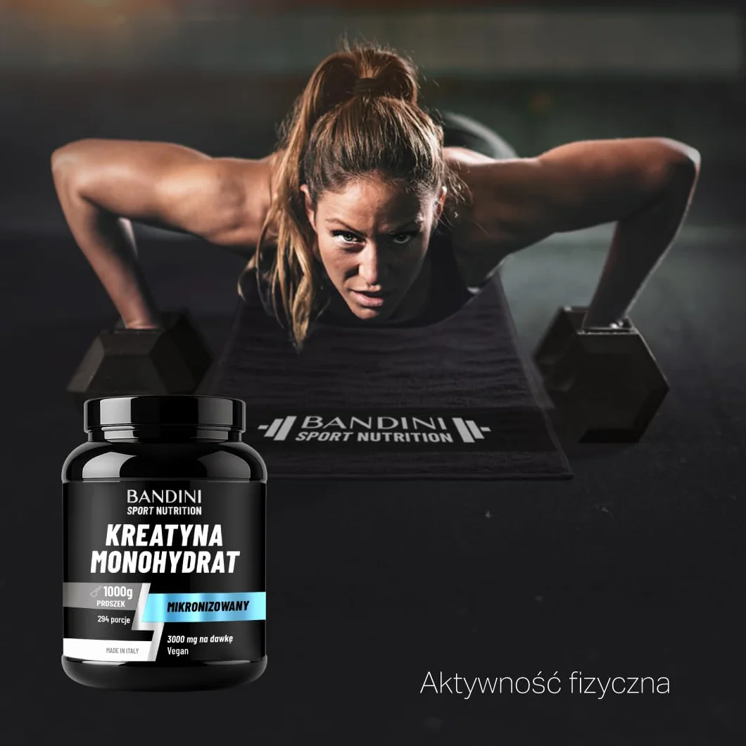 Bandini Kreatyna Monohydrate Micronised 1kg/1000g 100% czysty proszek - wegański - suplement diety na siłownię, dla sportowców, fitness, przedtreningowy - na bazie monohydratu kreatyny