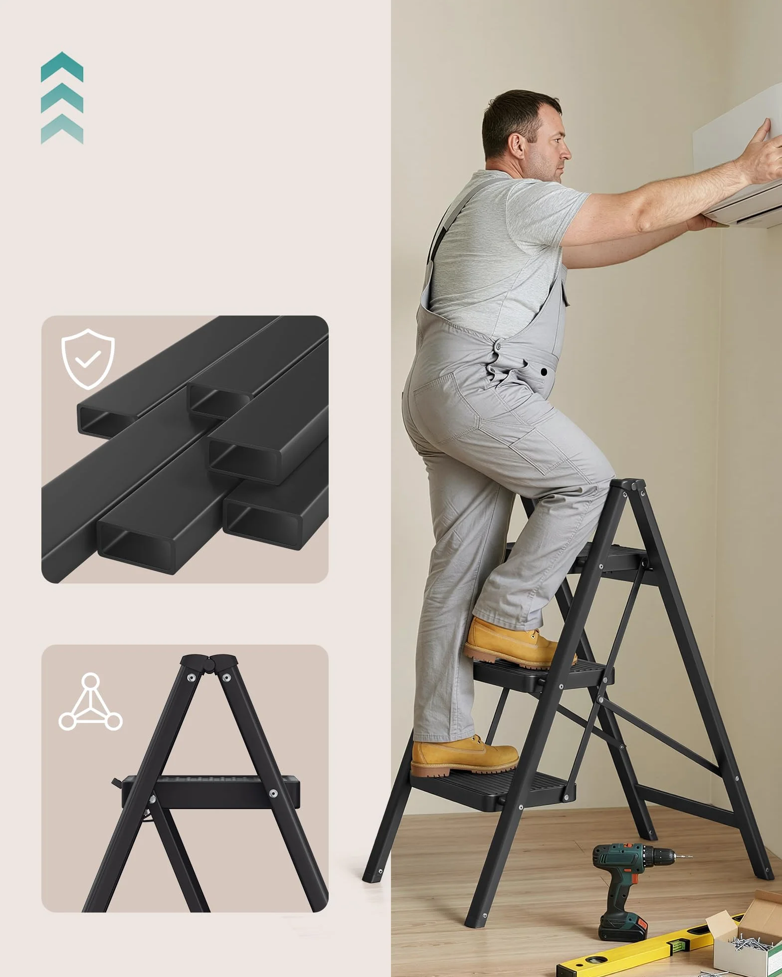 SONGMICS składana drabina schodkowa, 3-stopniowa, udźwig do 150 kg, drabina stalowa, łatwa do przechowywania, do domu i biura, czarna, 73,5 x 43,4 x 85,5 cm GSL103BZ01