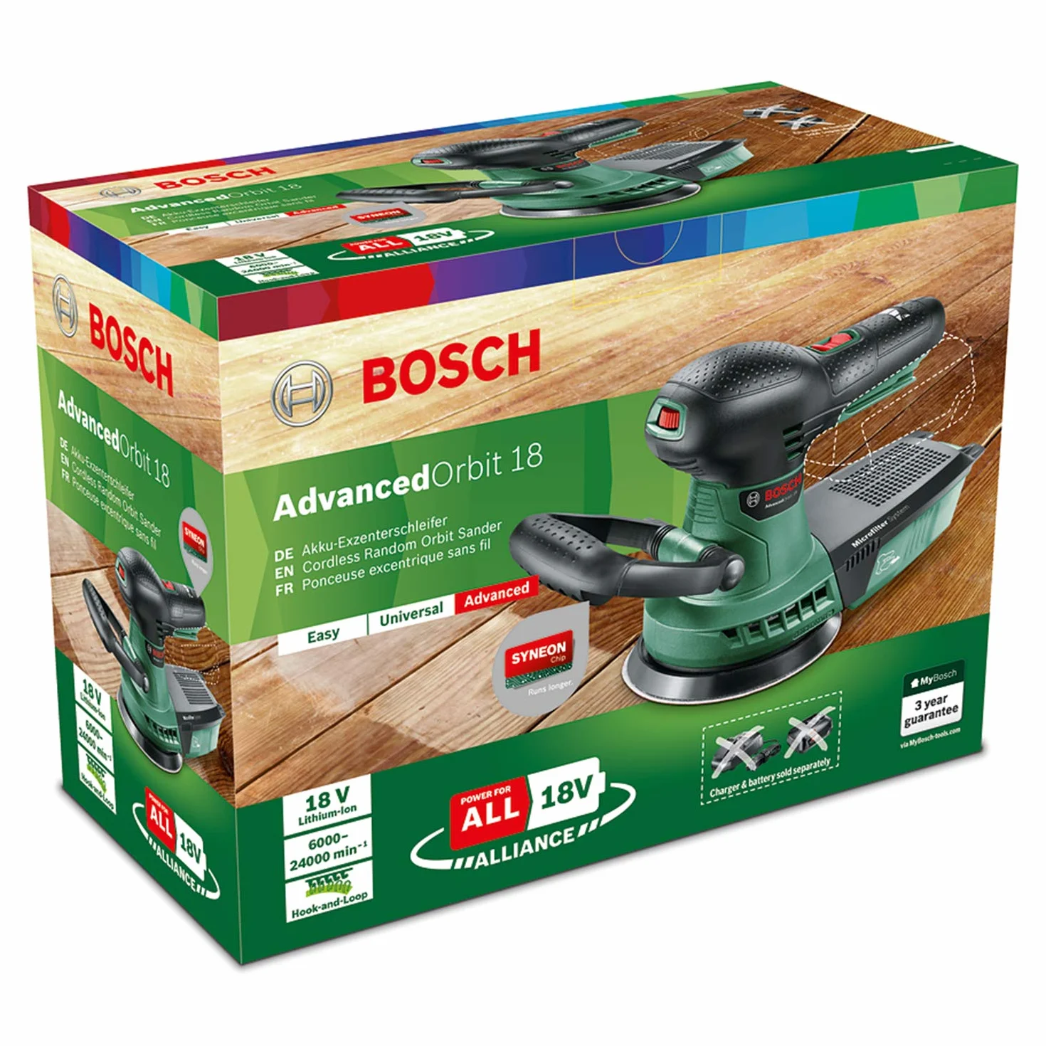 Bosch Home and Garden Akumulatorowa szlifierka mimośrodowa AdvancedOrbit 18 (bez akumulatora, średnica tarczy szlifierskiej 125 mm, system 18V, opakowanie kartonowe)