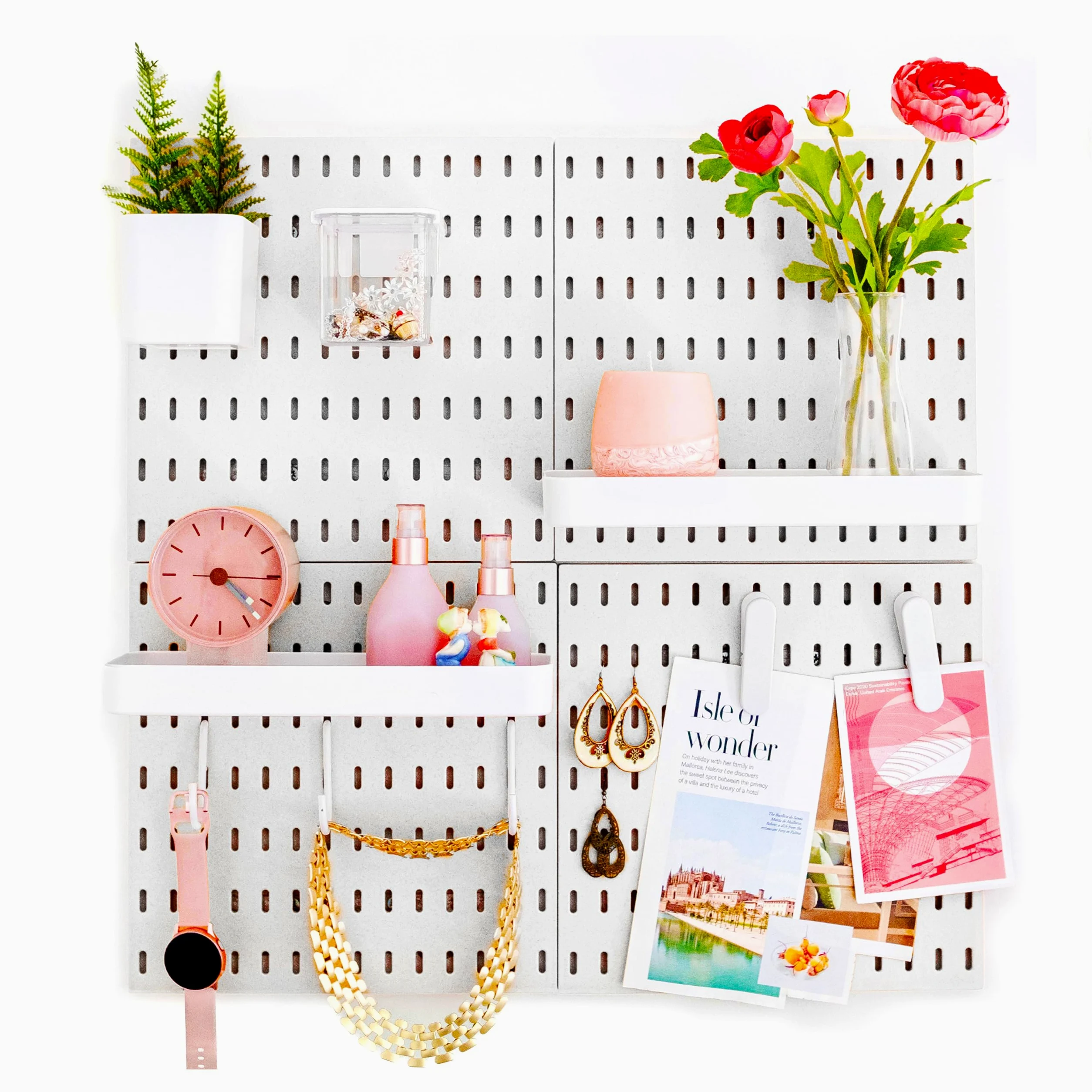 L'essentiel PEG Board biała plastikowa kratka ścienna kompletny zestaw z 4 płytkami, 2 półkami, 2 pojemnikami, haczykami i klipsami (Biała, Zestaw 4 Paneli)