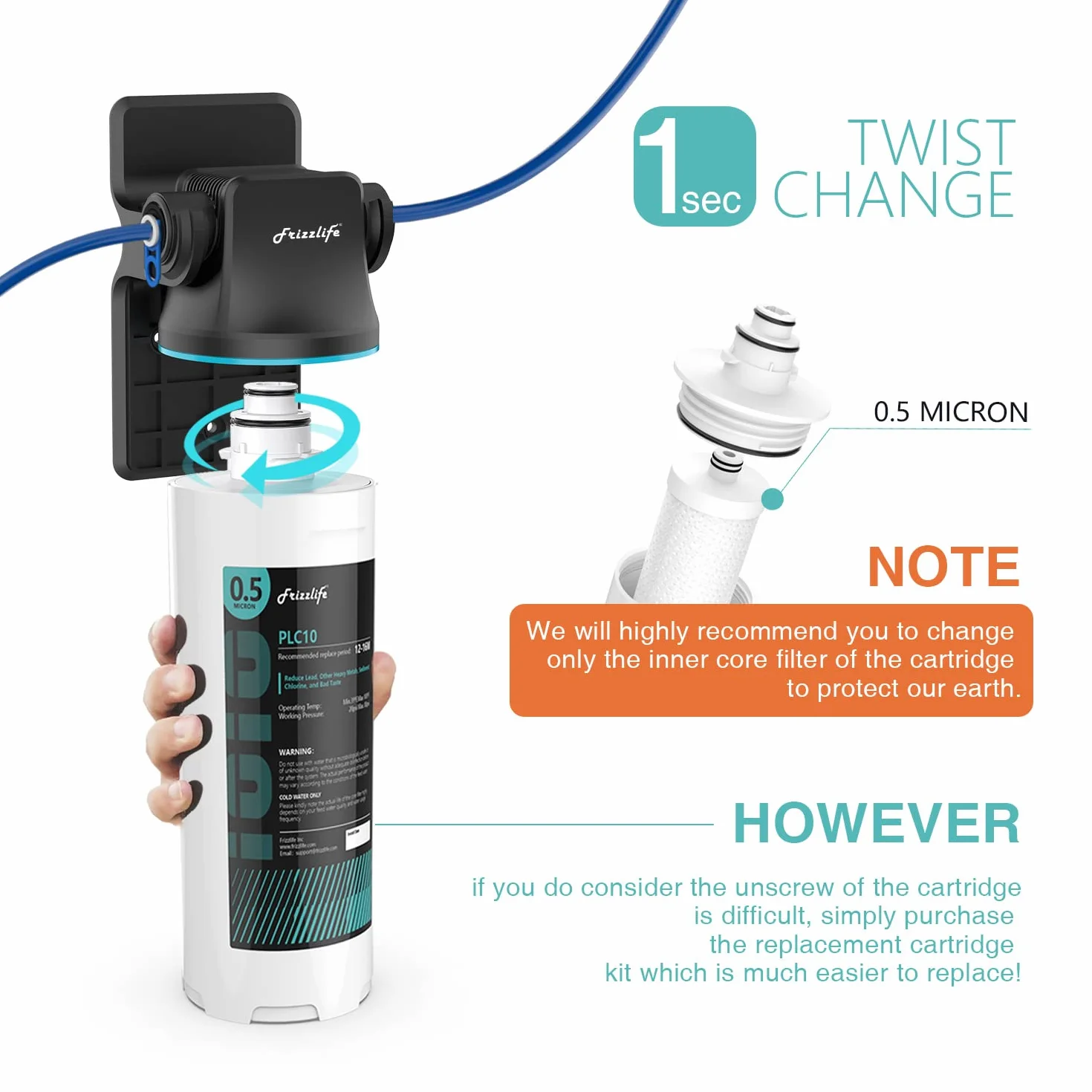 Frizzlife SW10-HF zestaw zamiennej obudowy z wkładem filtrującym PLC10 wewnątrz - do systemów filtrów wody pod zlewem SW10 i SW10F