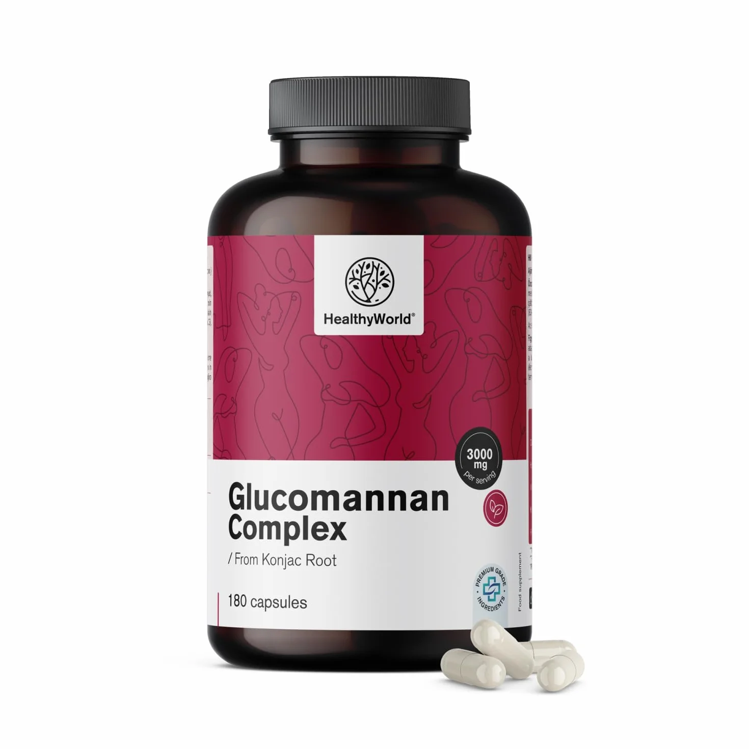 HealthyWorld Glukomanan kompleks 3000 mg – Z Korzenia Konjac - 180 kapsułek - Wsparcie w Odchudzaniu - Z dodatkiem Choliny, Chromu, Witaminami D3 i B3 - Wolny od GMO - 1-miesięczny Zapas