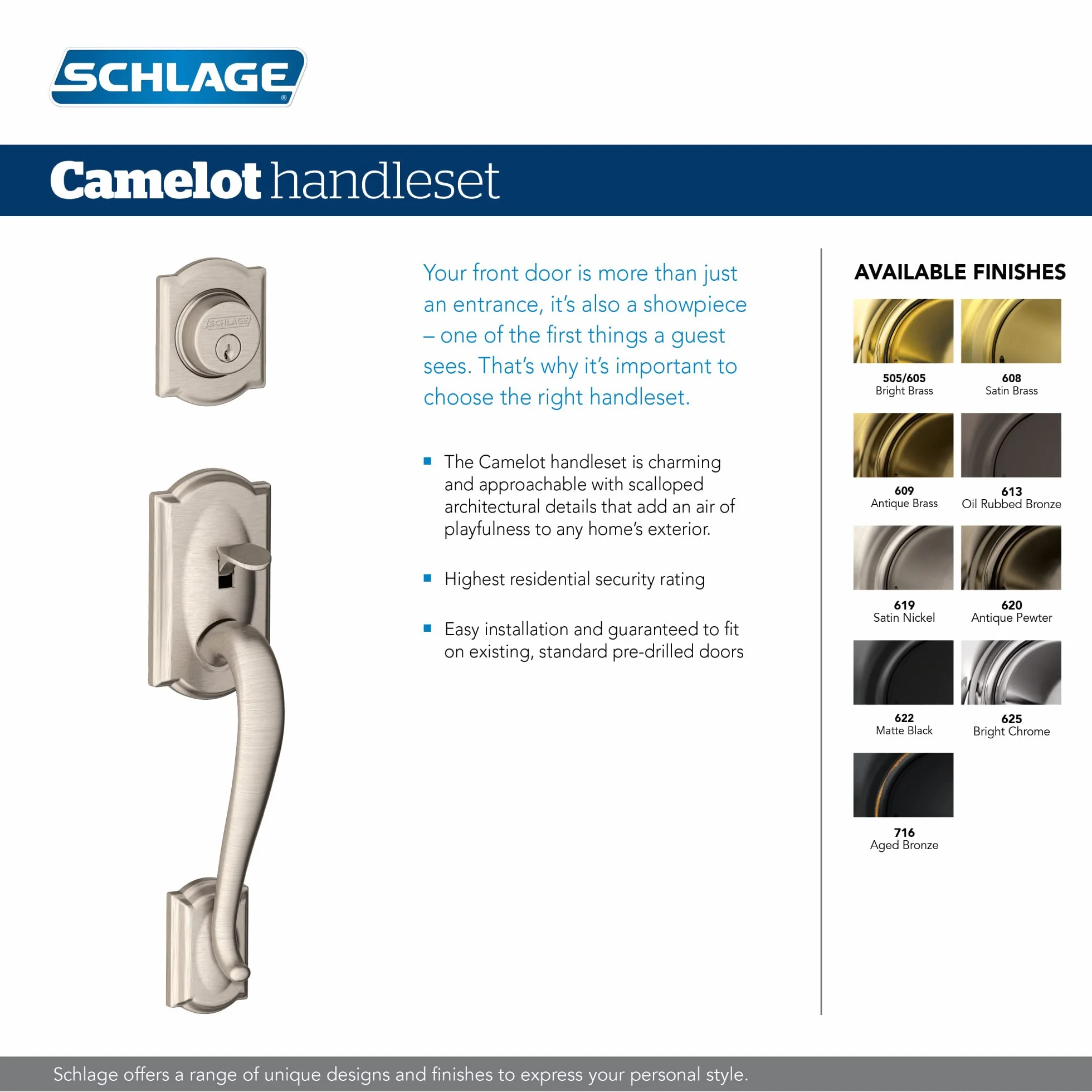 Schlage F60 V CAM 619 GEO Camelot przedni zestaw klamek wejściowych z gruzińską gałką, zasuwa z 1 stroną, satynowy nikiel
