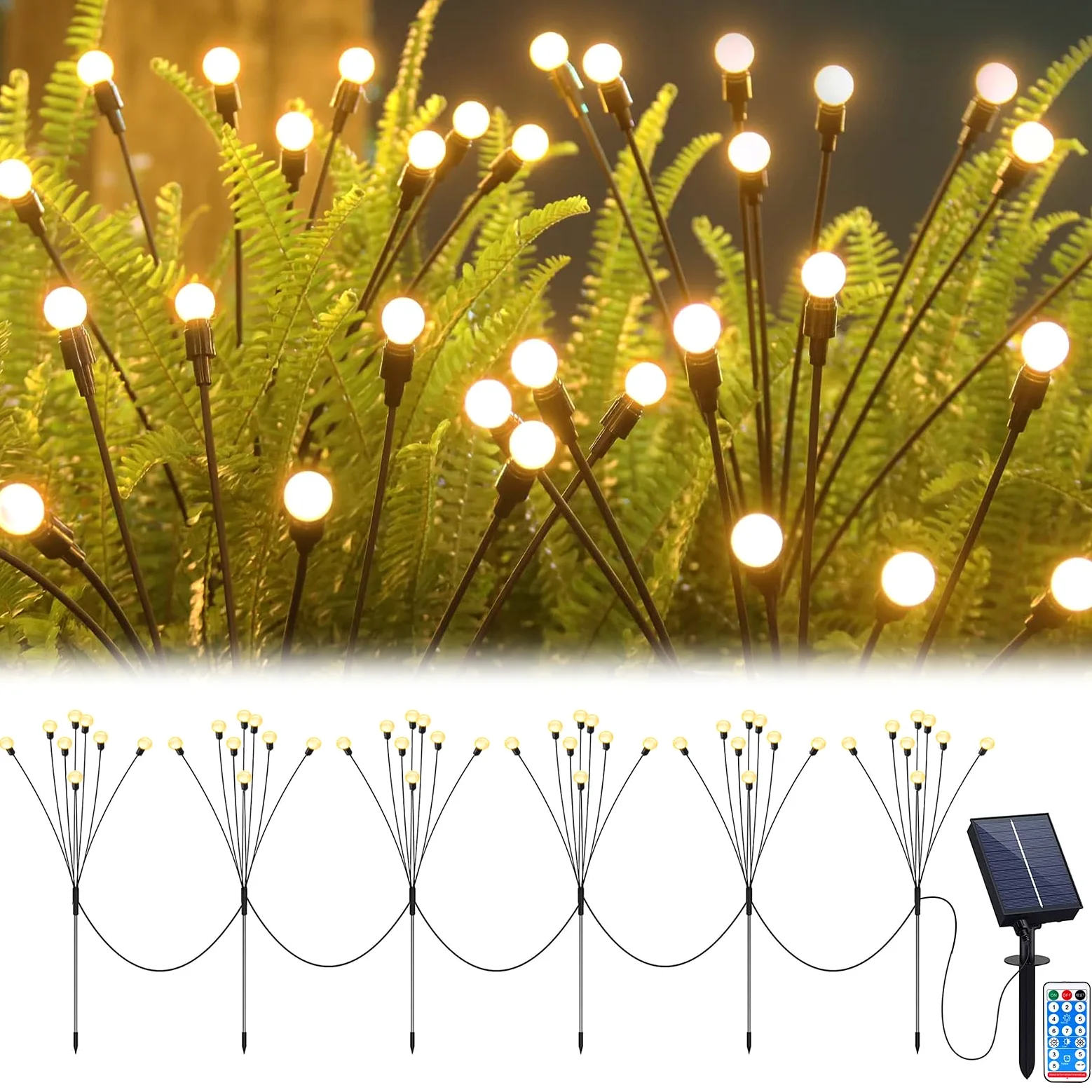 JIMACRO Solarne lampy ogrodowe, 6 sztuk, 8 diod LED, lampa solarna świetlika, kołyszące się światła gwiazd z 8 trybami oświetlenia, wodoodporne światła ogrodowe do dekoracji krajobrazu na patio