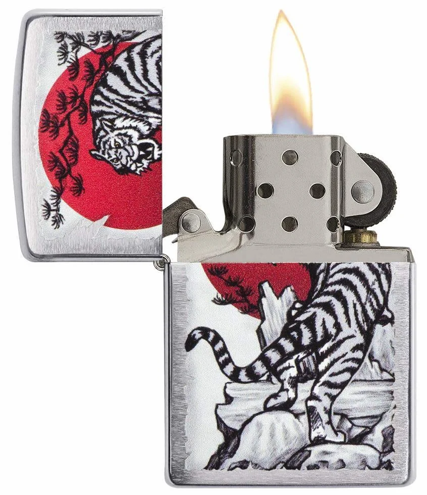 Zippo Zapalniczka Sztormowa, Azjatycki Tygrys, Szczotkowany Chrom, Kolorowy Motyw, z Możliwością Napełniania, Wielokrotnego Użytku, Płomień Odporny na Wiatr, w Pudełku Prezentowym, Made in USA