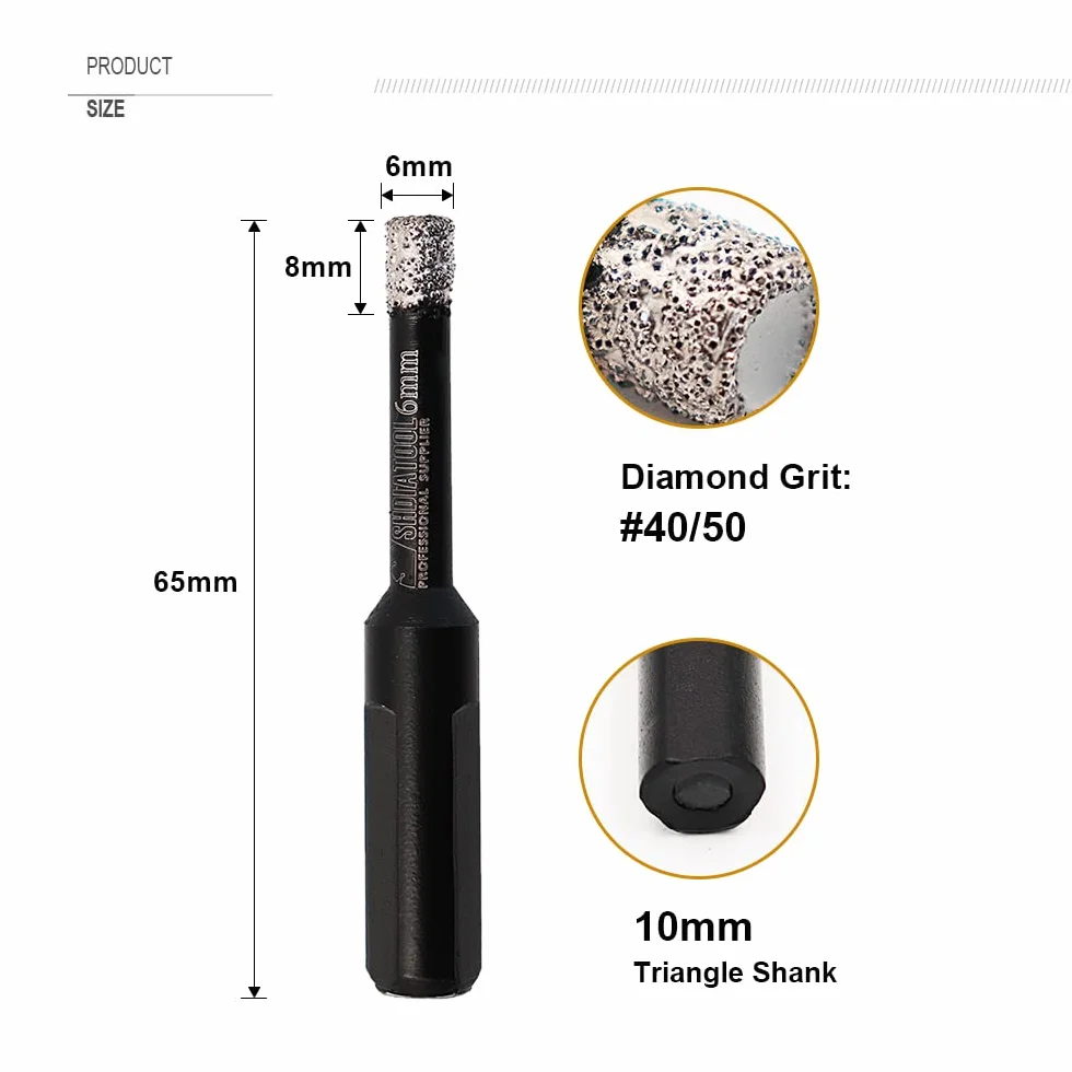 SHDIATOOL Diamentowe wiertło rdzeniowe, średnica otwornicy 6 mm 1/4 cala z trójkątnym chwytem lutowane próżniowo do betonu, granitu, marmuru, porcelany płytek, cegły, 10 szt