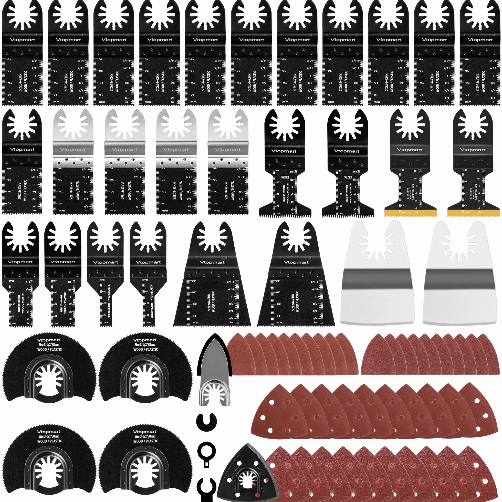 Vtopmart 114 PCS Oscillating Saw Blades, Bi-Metal Tool Blade, Arc Edge Multitool Blades for Cutting Wood/Metal/Plastic Compatible with Fein Multimaster Porter Cable Bosch, Accessories with Sandpaper