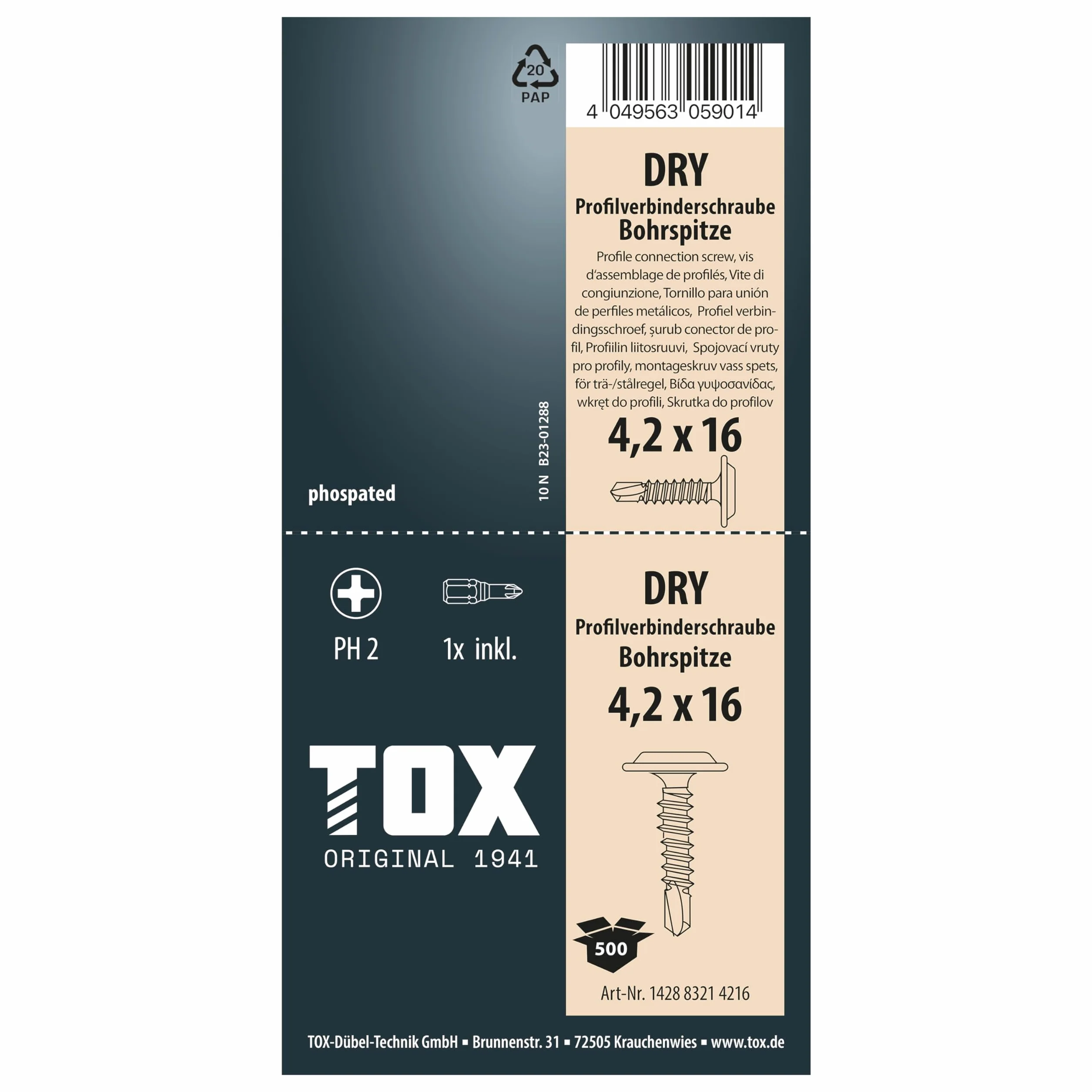 TOX Śruby łączące profilowe DRY PV BS 4,2 x 16 mm, czarne fosforanowane, łeb talerzowy, końcówka wiertnicza, 500 sztuk