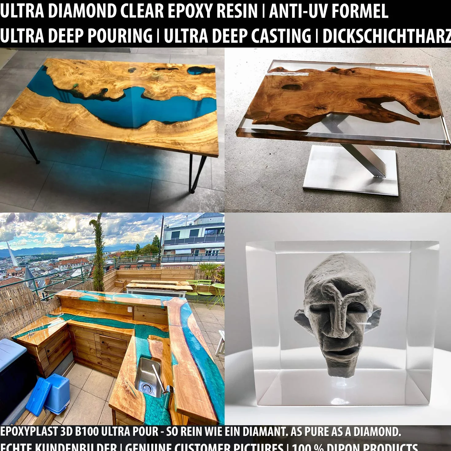 Żywica epoksydowa 6,0 kg, żywica epoksydowa 3D B100 Ultra POUR, wysokość odlewania do stołów rywertycznych, ultra diamentowa przezroczysta, maksymalna ochrona przed promieniowaniem UV, żywica