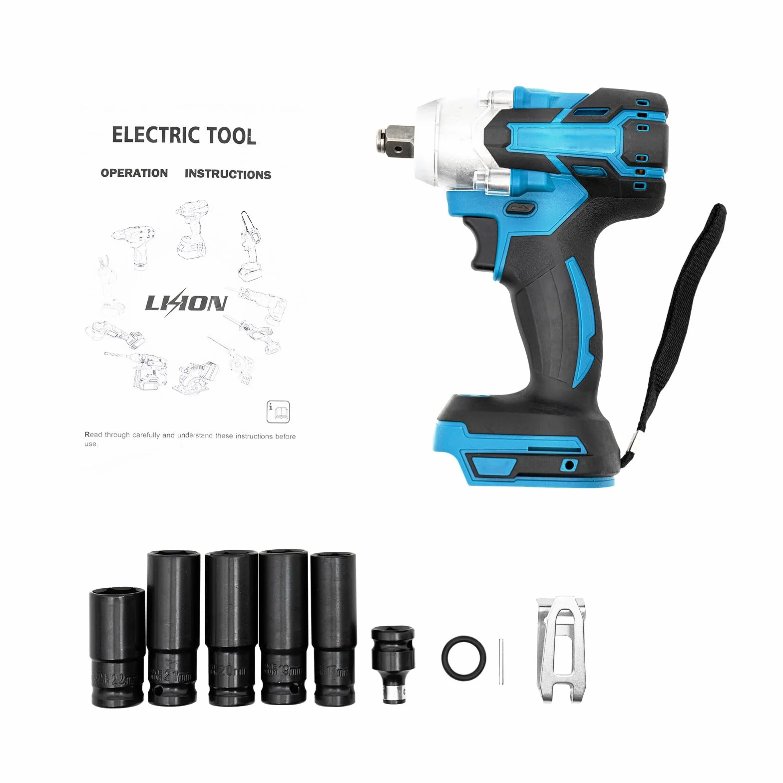 Akumulatorowa wkrętarka udarowa bezszczotkowa, elektryczna wkrętarka udarowa, klucz Power Tool z 6 nasadkami do budowy rusztowań, opon samochodowych i montażu w samochodzie (bez baterii i ładowarki)