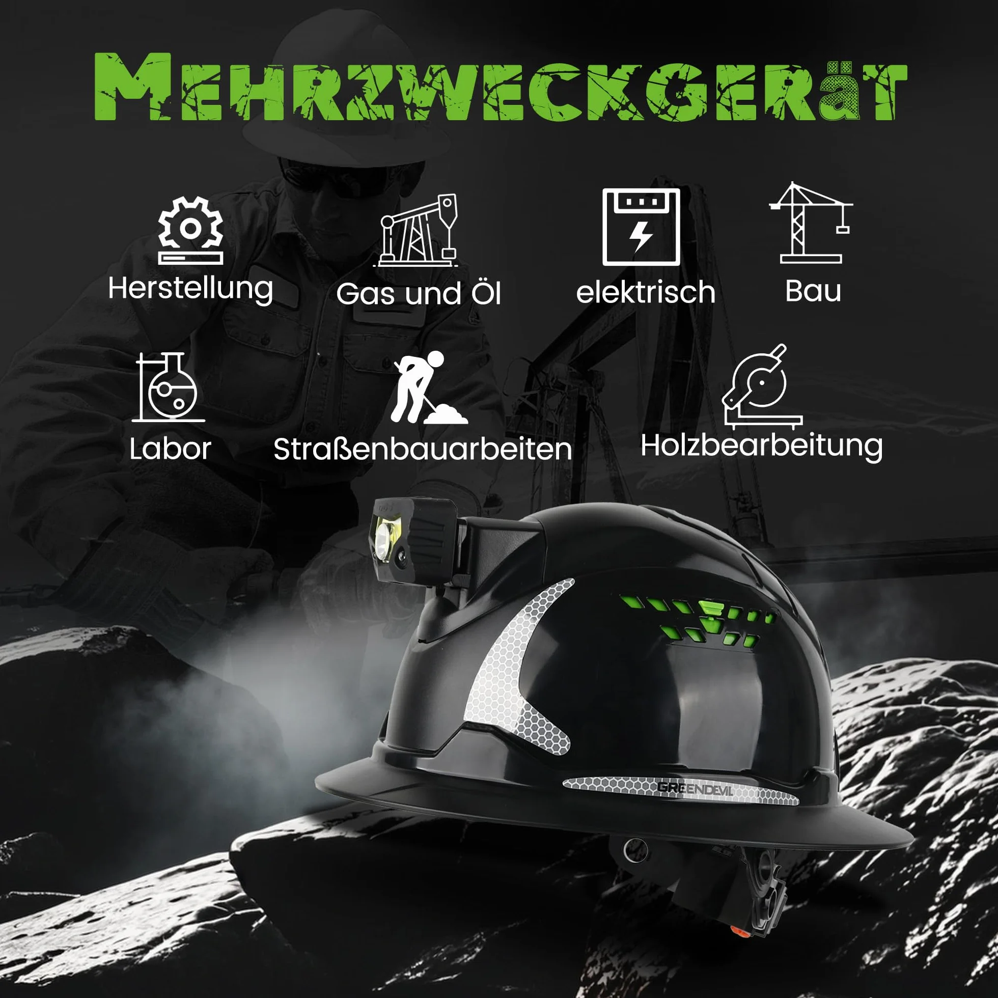GREEN DEVIL Matrix Full Brim kask ochronny EN 397 – kask ochronny z wentylacją, latarka czołowa LED (IPX5), system 6-punktowy i regulowana wyściółka wewnętrzna – idealny do budownictwa, przemysłu,