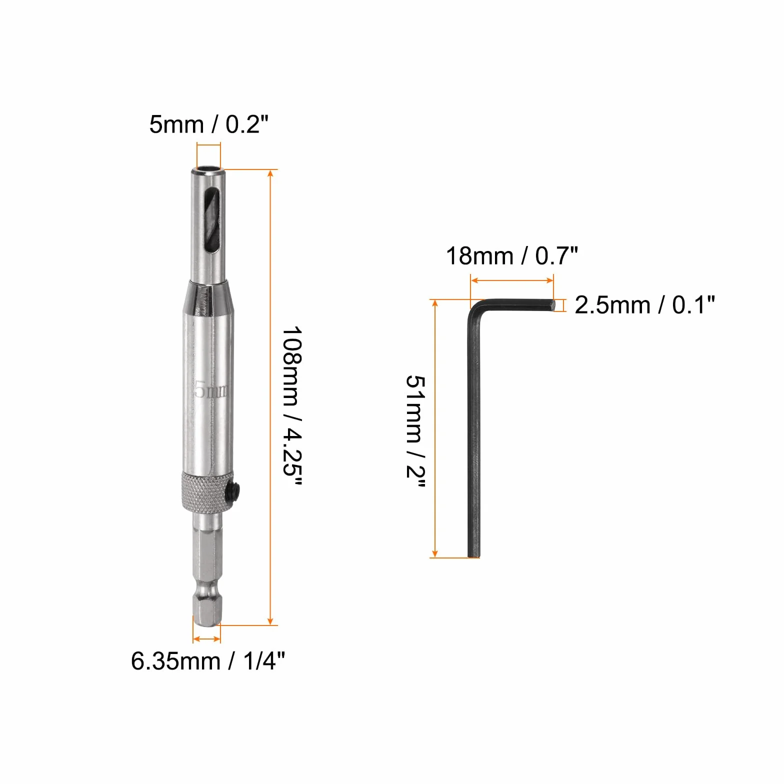 QUARKZMAN Zestaw wierteł samocentrujących się 5 mm, wiertła sześciokątne 1/4" do prac w drewnie, narzędzie do wiercenia otworów zawiasów drzwi klucz sześciokątny L, srebrny
