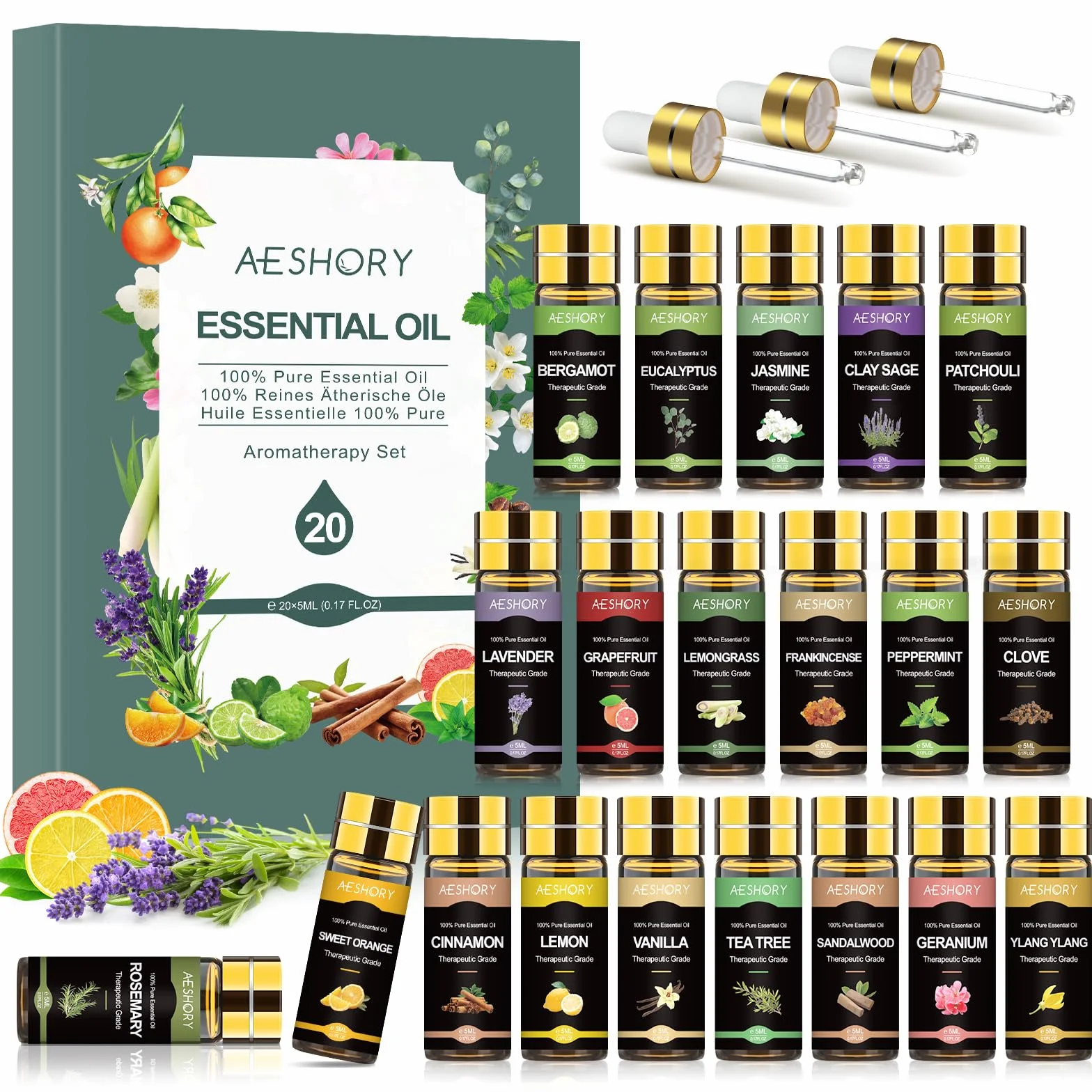 Aeshory 20 x 5ml Zestaw Olejków Eterycznych – 100% Naturalne Olejki Zapachowe Do Dyfuzorów, Nawilżaczy Powietrza, Aromaterapii, Masażu, Świec Zapachowych, Perfum I Mydła
