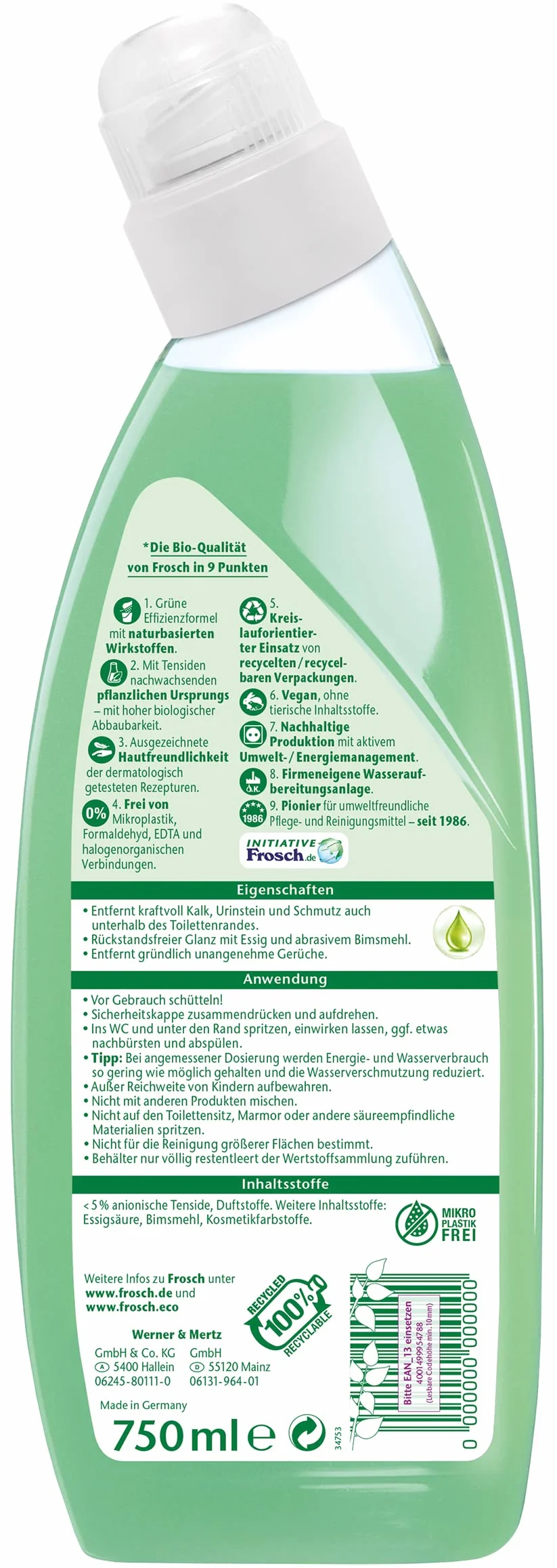 Frosch Środek do czyszczenia WC z octem, płynny środek do czyszczenia toalety, usuwa kamień i kamień moczowy, do mocnego czyszczenia octem i mąką pumeksową, 750 ml