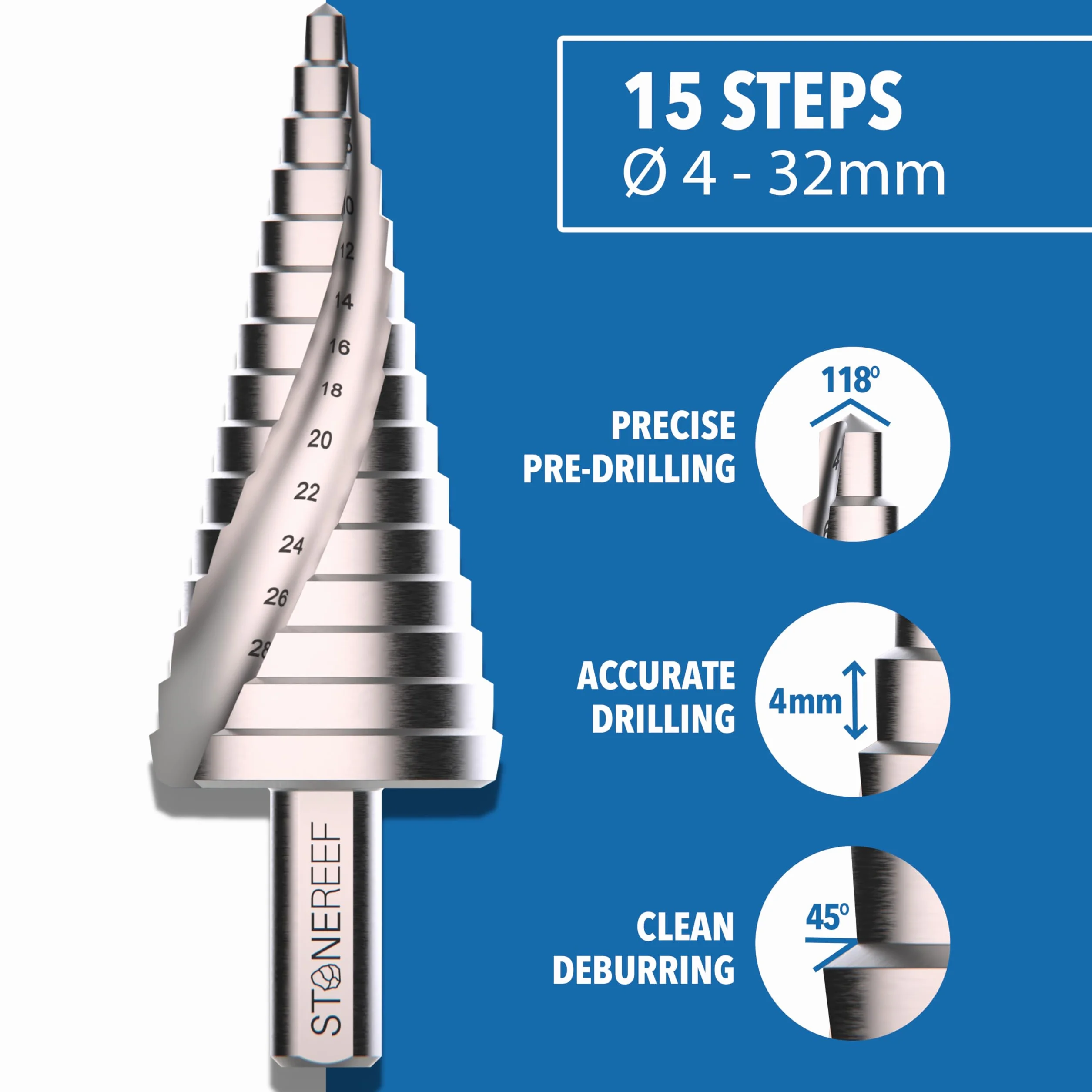 STONE REEF - Profesjonalne wiertło stopniowe ze stali HSS – 15 stopni | Ø 4 – 32 mm