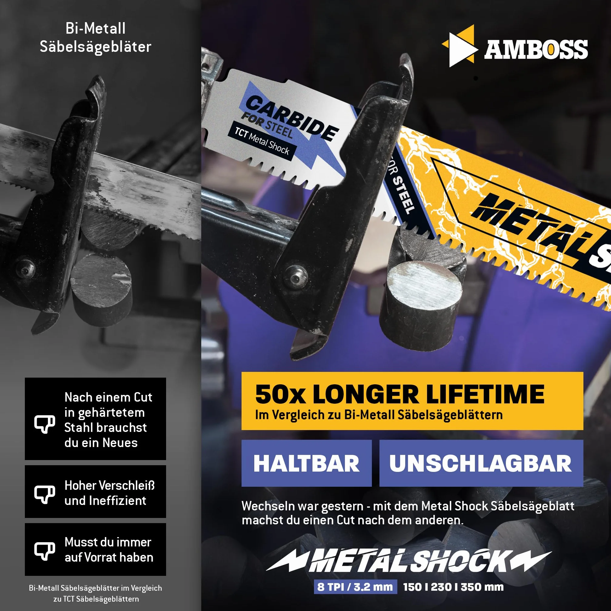 AMBOSS METAL SHOCK - 10 x brzeszczot do piły szablastej długość 230 mm / 8 ZpZ - idealny do odrywania / ratowania pojazdu / montażu / demontażu / budowy rur - nadaje się do stali (rur / profili / wsporników) oraz rur żeliwnych