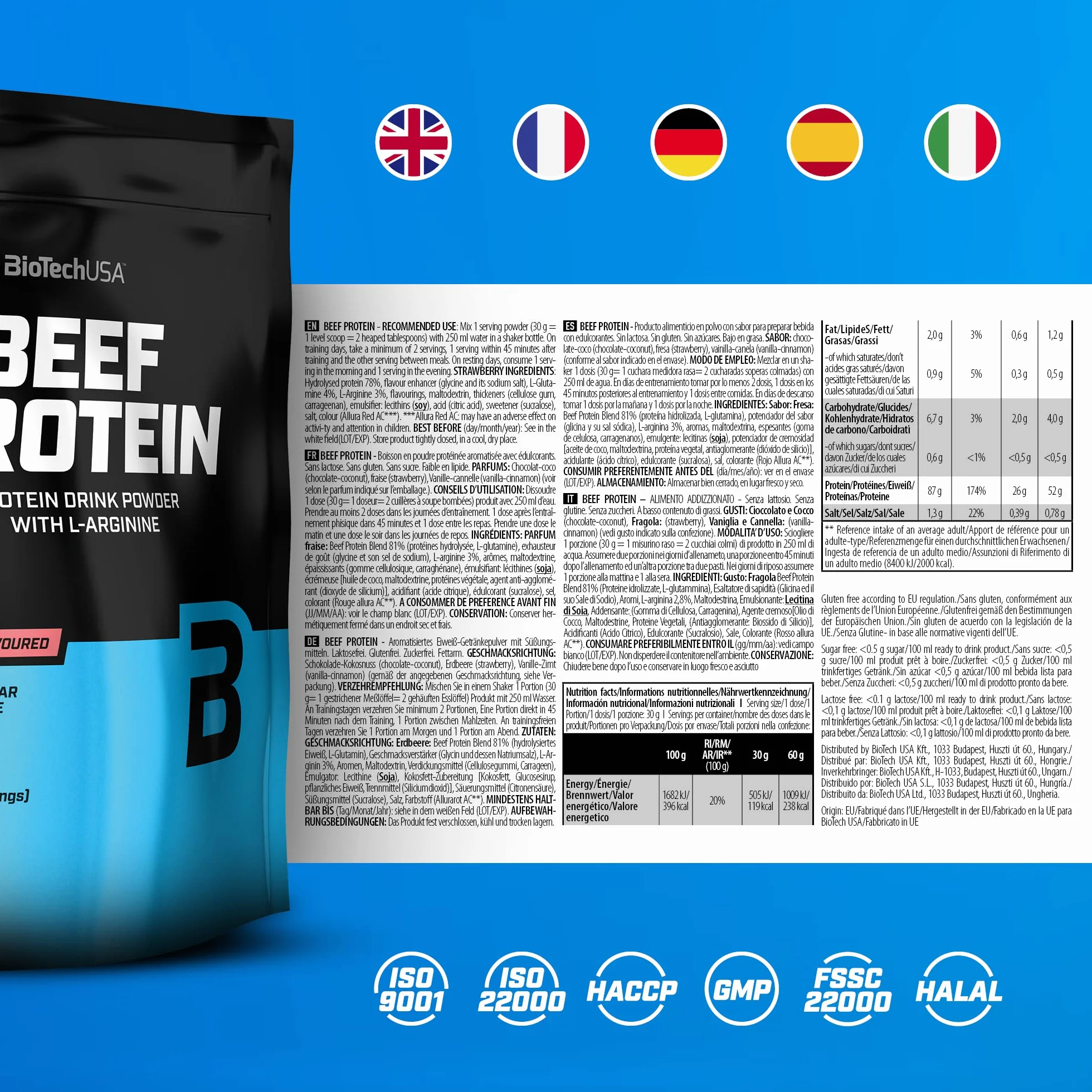 BioTechUSA Beef Protein 87% Hydrolysed Protein Peptide Formula 500 g Truskawkowy