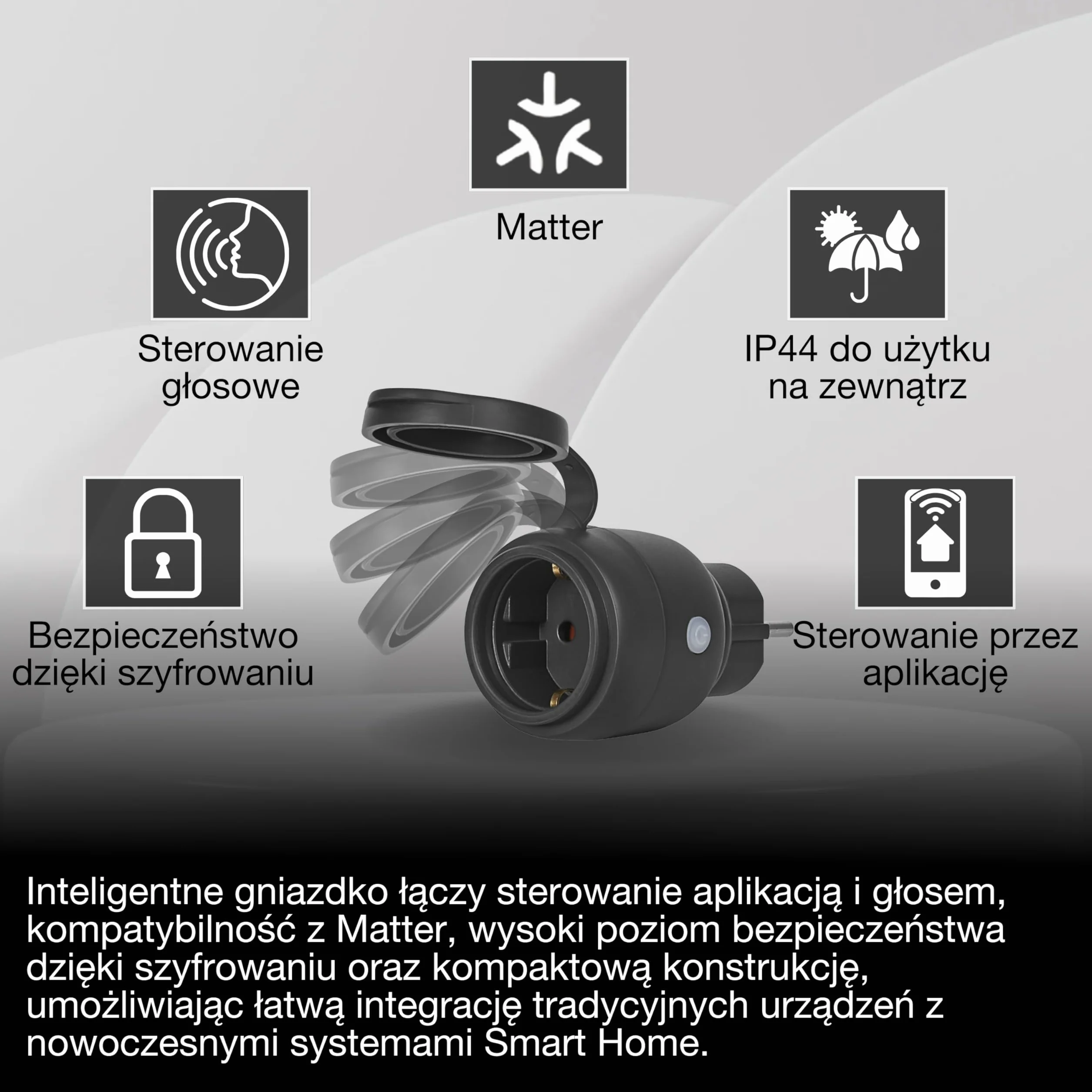 OSRAM Gniazdo zewnętrzne EU SMART+ MATTER, gniazdo zewnętrzne z kontrolą zużycia energii w kolorze czarnym wykonane z PP, stopień ochrony IP44, integracja urządzeń z inteligentnym domem