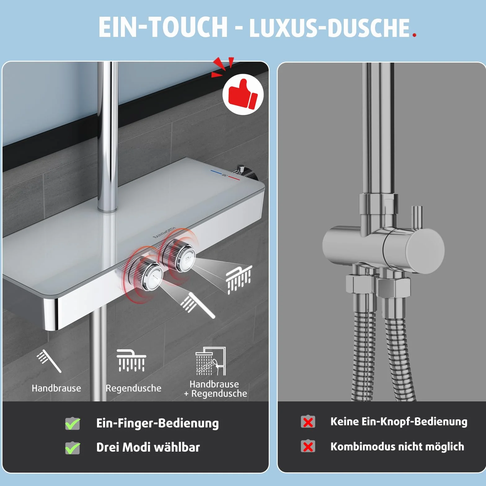Rainsworth System prysznicowy z termostatem i szklaną półką – obsługa jednym przyciskiem i regulacją przepływu, armatura prysznicowa, deszczownica 26 x 26 cm, słuchawka prysznicowa, 3 rodzaje