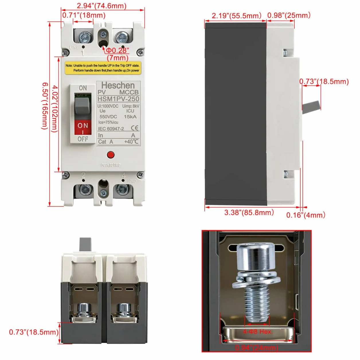 Heschen Wyłącznik DC MCCB, 2-biegunowy, DC550V, wyłącznik fotowoltaiczny, do instalacji solarnych PV, moduły solarne, system sieciowy (125A, HSM1PV-250)